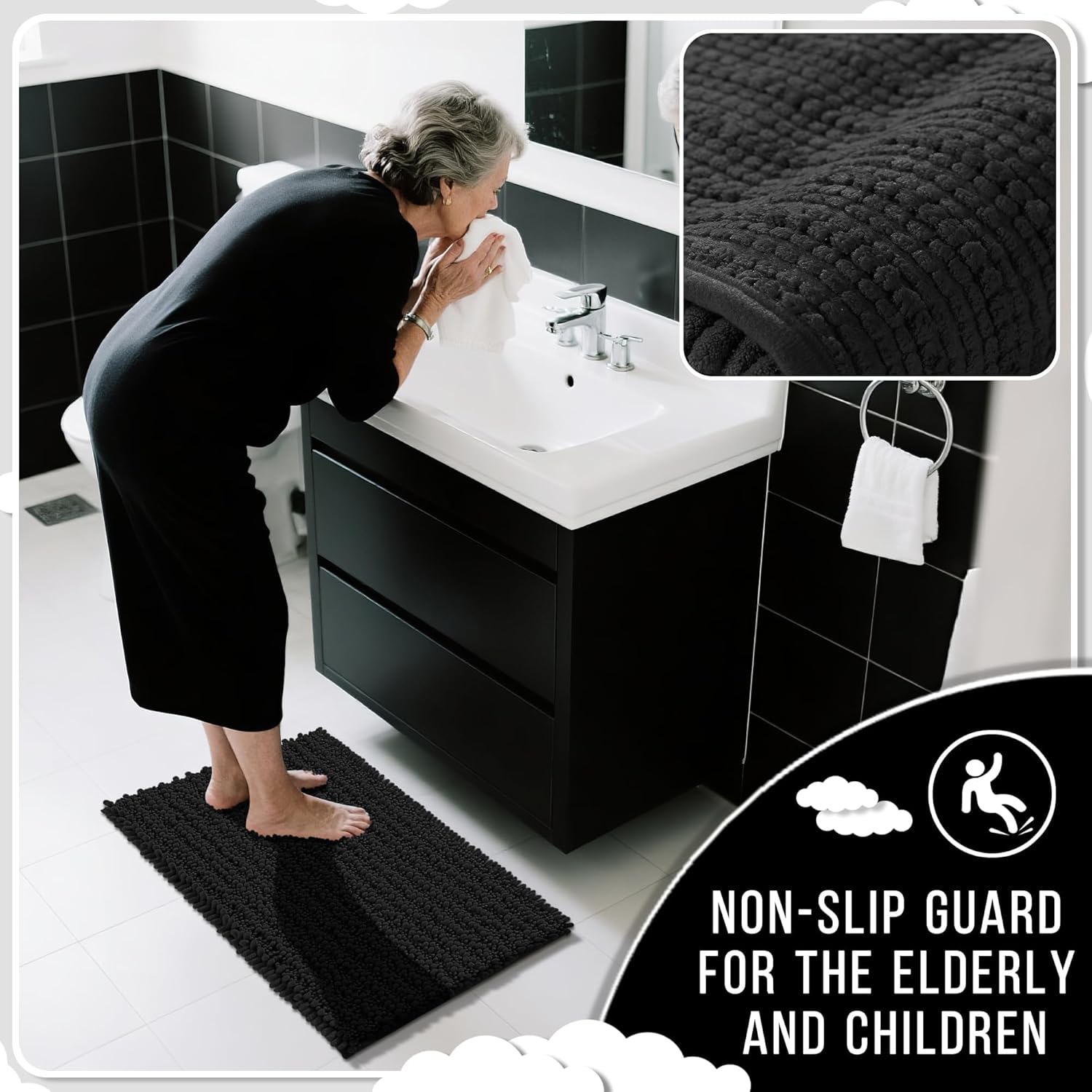 Yimobra Large Bathroom Rugs Non Slip Washable 36x24 Inch - Ultra Soft Absorbent Chenille Bath Mat, Quick Dry Shaggy Floor Carpet for Tub Shower, Black Home Decor Accessories - Image 6