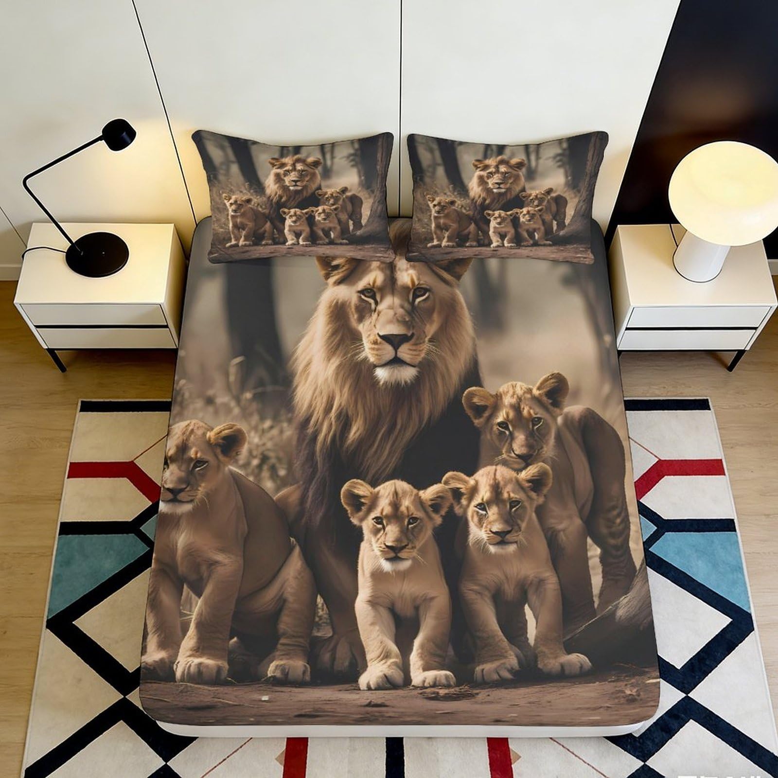 3D Printed Lion Family Fitted Sheet Microfiber Soft Beige Safari Animal Bed Cover for Bedroom Guest Room Decor 180x200x25cm