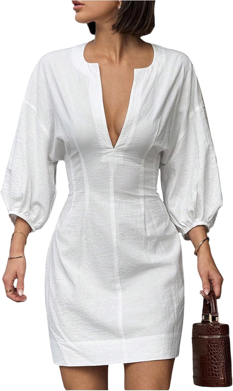Milumia Women's Notch V Neck Bishop Sleeve Linen Shirt Dress Cinched Waist A-Line Short Dresses Old Money
