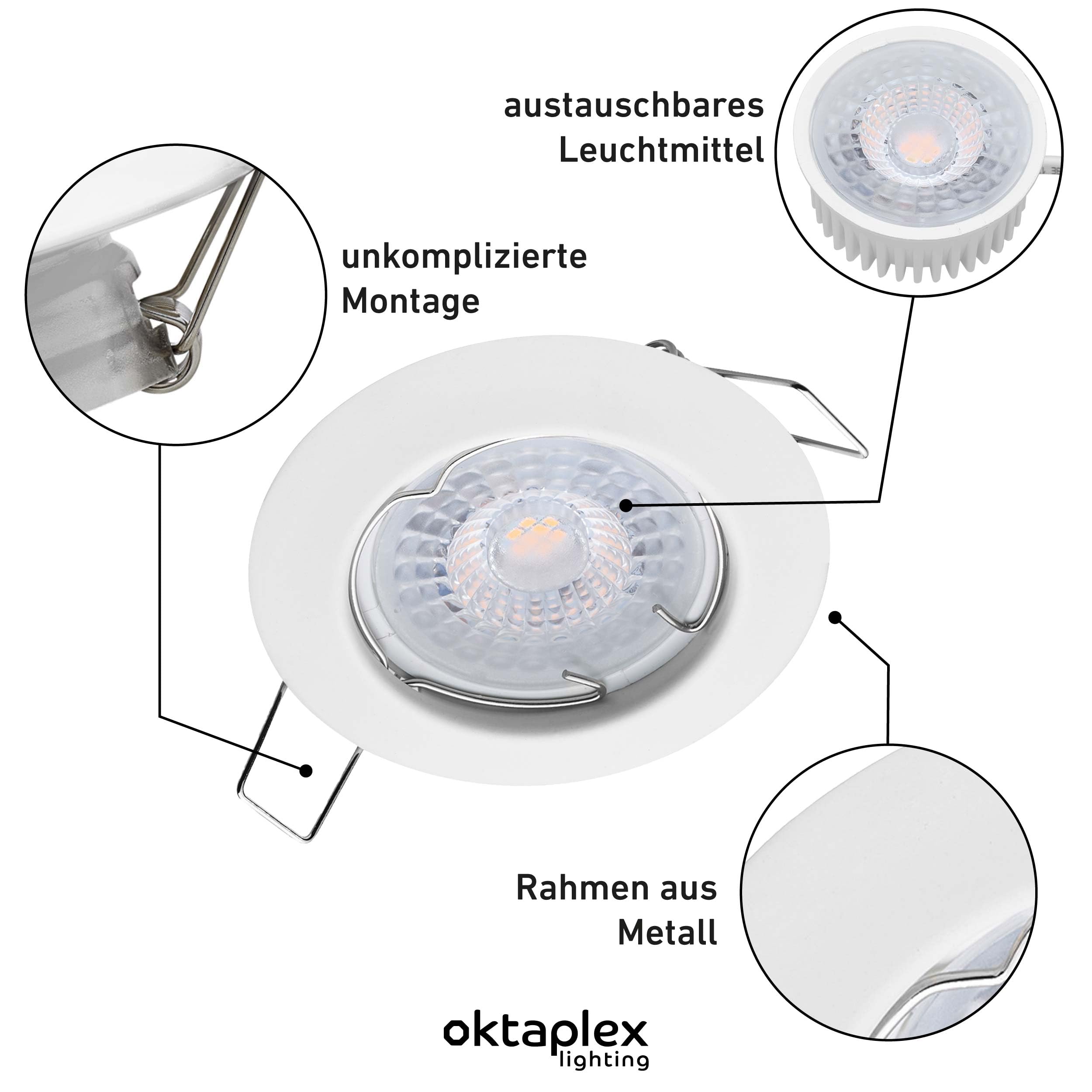 Oktaplex 9er Set Sedan Einbauspot 230V LED Spot 22mm Einbautiefe flach | Warmweiß 3000K, Lochmaß 60mm, 4,8W, 380lm, 110° Einbaustrahler Weiß rund