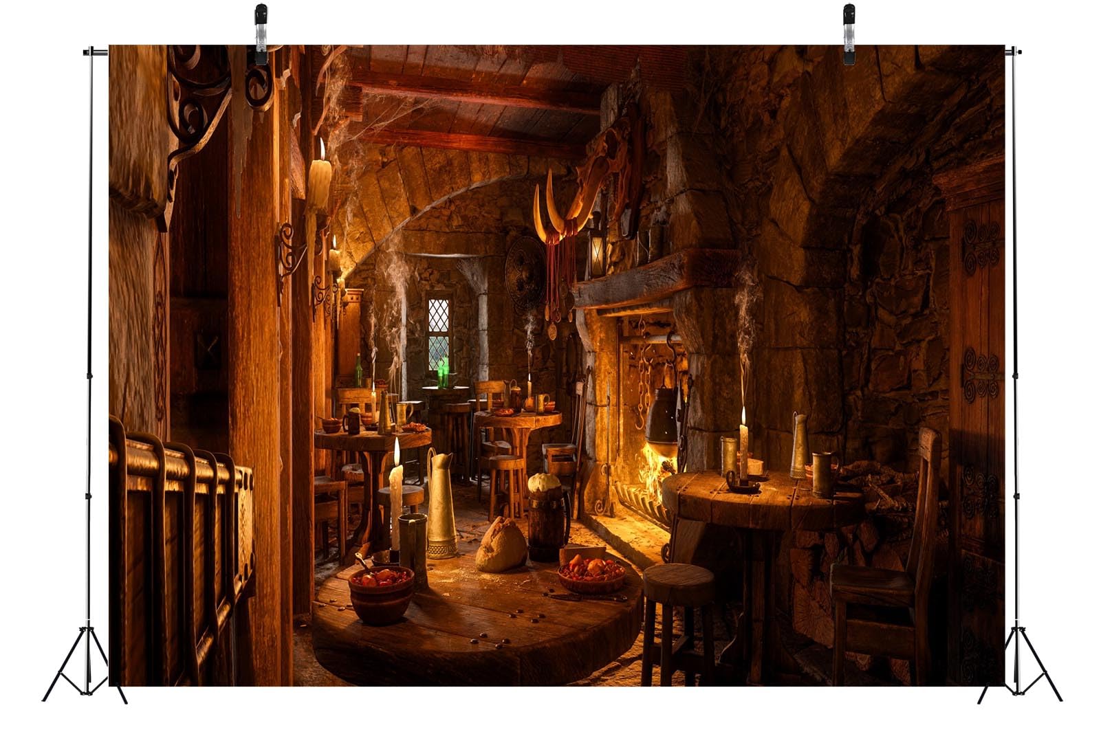 BELECO 2.1x1.5m Fabric Medieval Tavern Bar Backdrop For Photography Fantasy Dining Hall With Tables Laid For Great Feast Ancient Tavern Banner For Party Decorations Viking Backdrop Studio Photo Prop - View #5