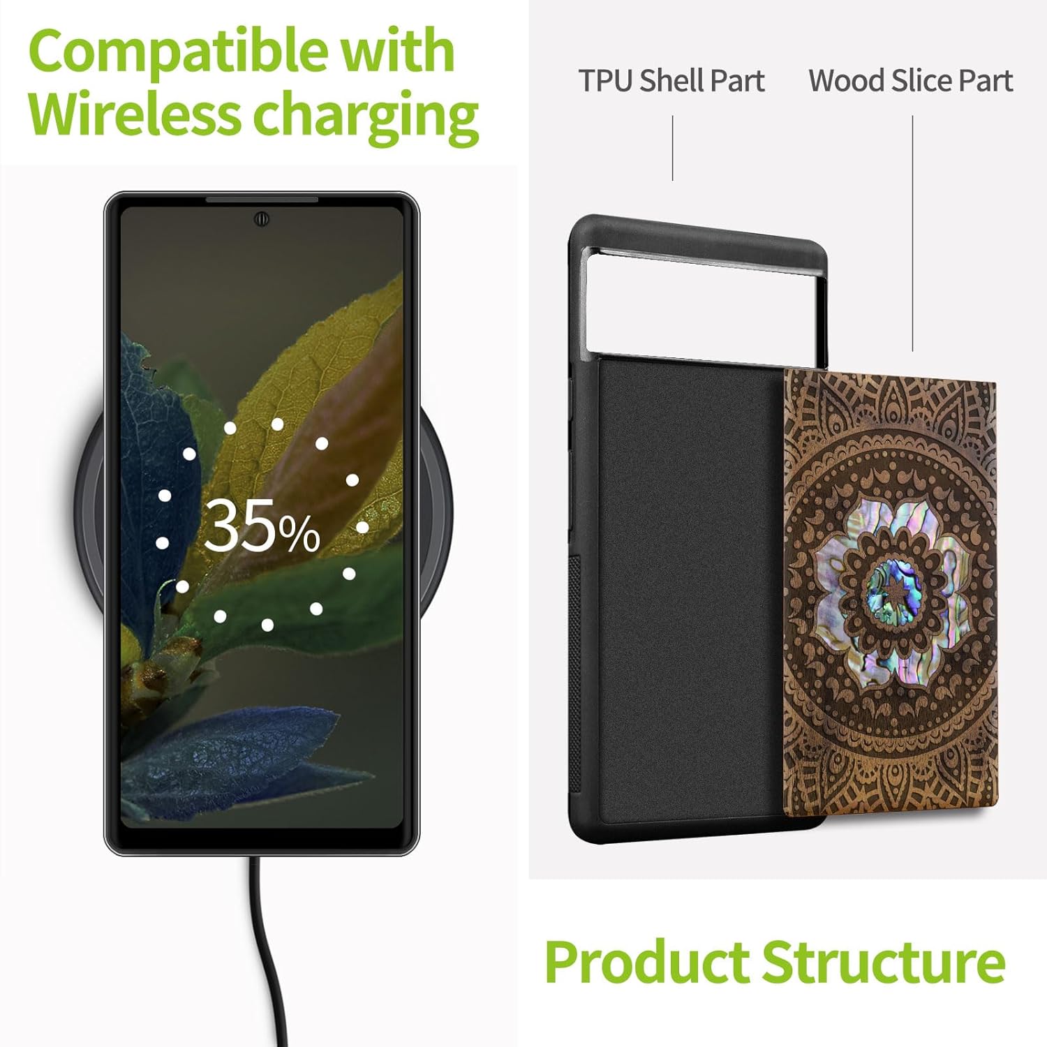 Carveit Designer Wooden Case for Google Pixel 6a Case Protective Cover [Wood Engraving & Shell Inlay] Compatible with Pixel 6a (Mandala Pattern-Walnut)