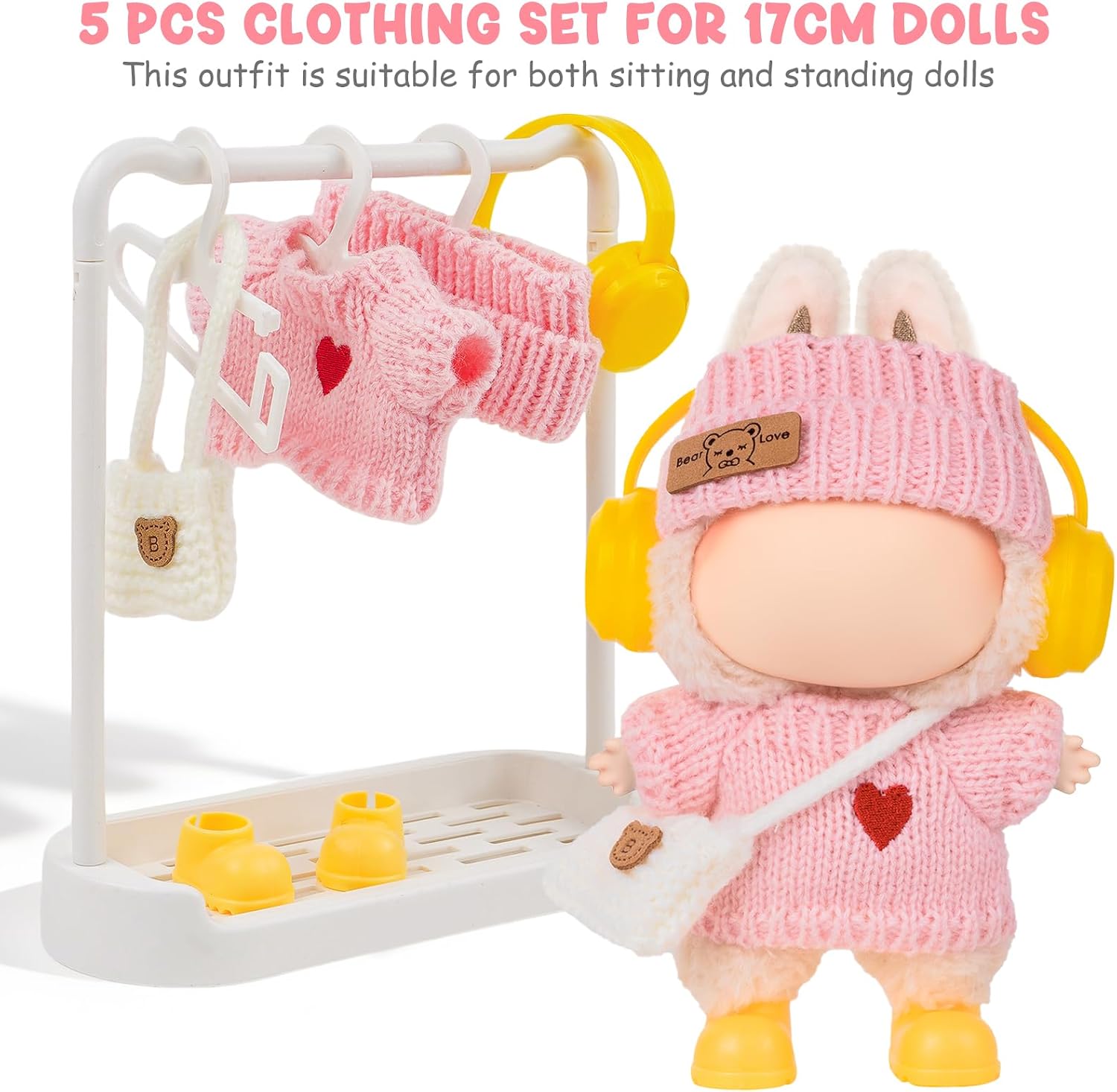 Clothes for LABUBU Doll (NO Doll) - Pink Knit 5-Piece Outfit 17cm Doll Clothes Accessories with Mini Hat, Ear Muffs, Shoes, Bag for 6.7 Inch Dolls Doll Clothing