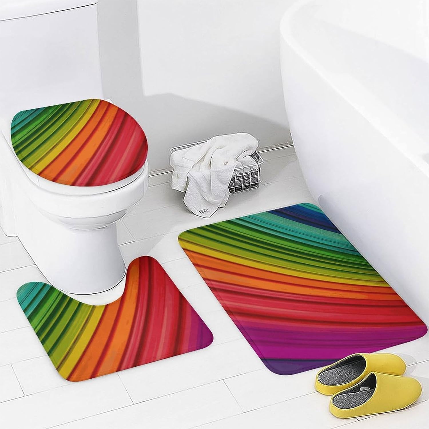 Rainbow Color Stripe Shower Curtain Set 4 Piece, Non-Slip Bath Mat with Toilet Lid Cover and Waterproof Shower Curtain with 12 Hooks, Complete Bathroom Set for Home Decor