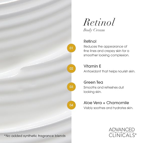 Advanced Clinicals Retinol Body Lotion & Face Moisturizer | Visible Anti Aging Skin Care Retinol Body Cream For Women & Men Targets Look Of Fine Lines, Wrinkles, Crepe Looking Dry Skin, 16 Ounce