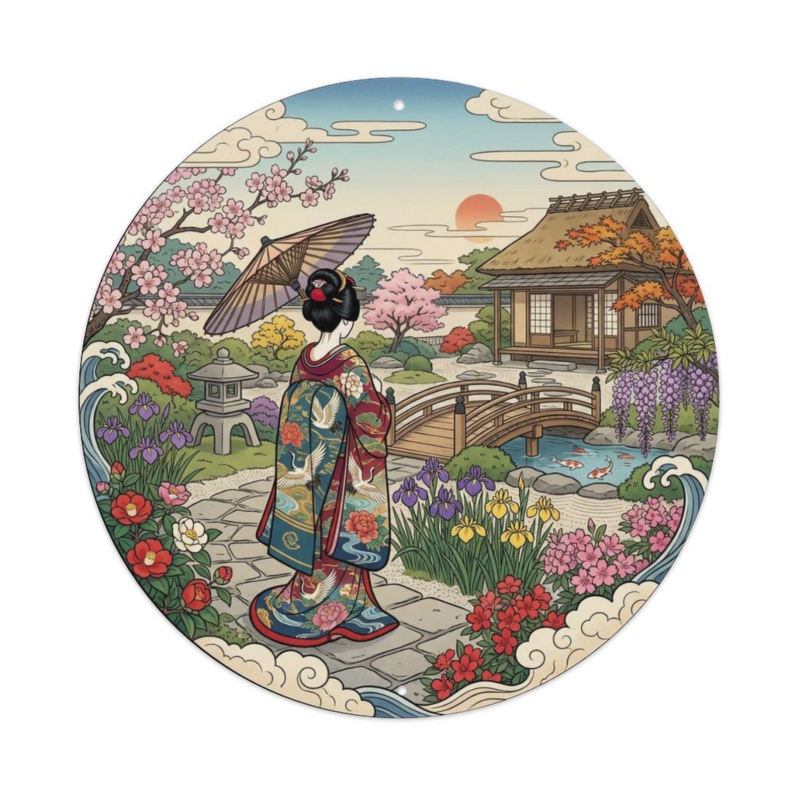 Yrnq 8X8inch Vintage Style Japanese Geisha Garden Flowers Blooming Courtyard Metal Tin Sign