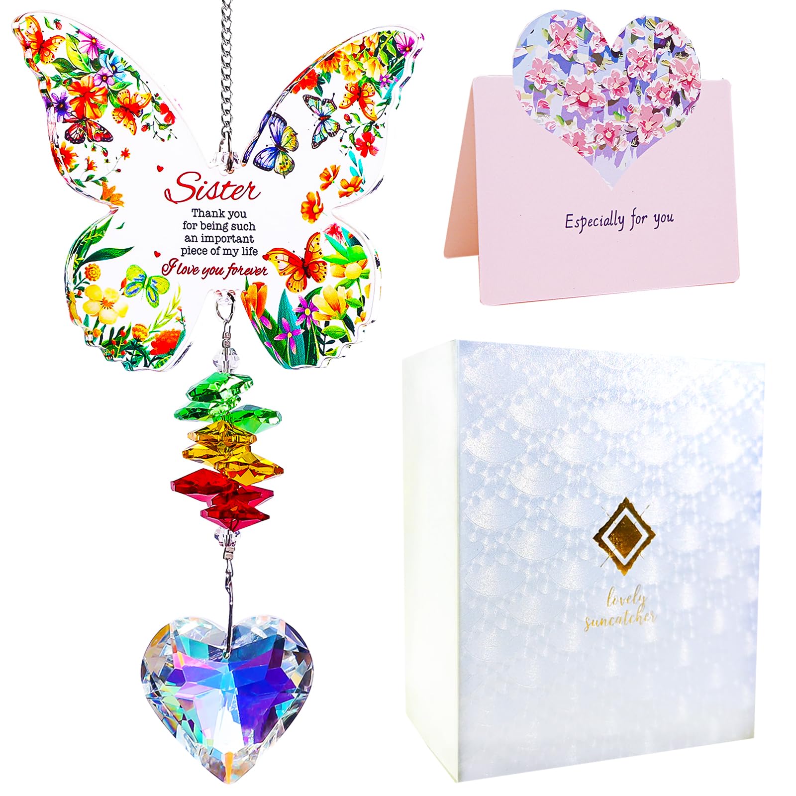 Birthday Gifts for Sister,Butterfly Suncatcher for Sister,Thank You Gifts for Women,Sun Catcher Appreciation Gift,Crystal Suncatcher for Indoor Window Hanging Rainbow Maker (Butterfly)