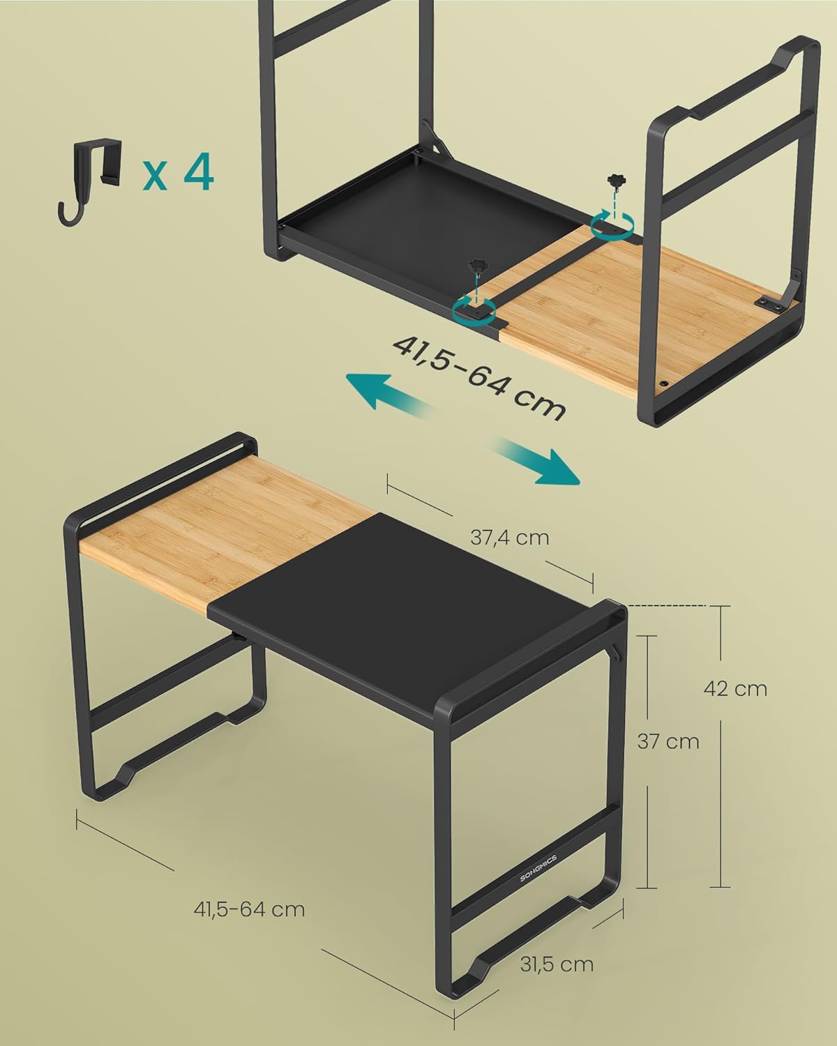 Diagram showing adjustable width and dimensions of the microwave shelf