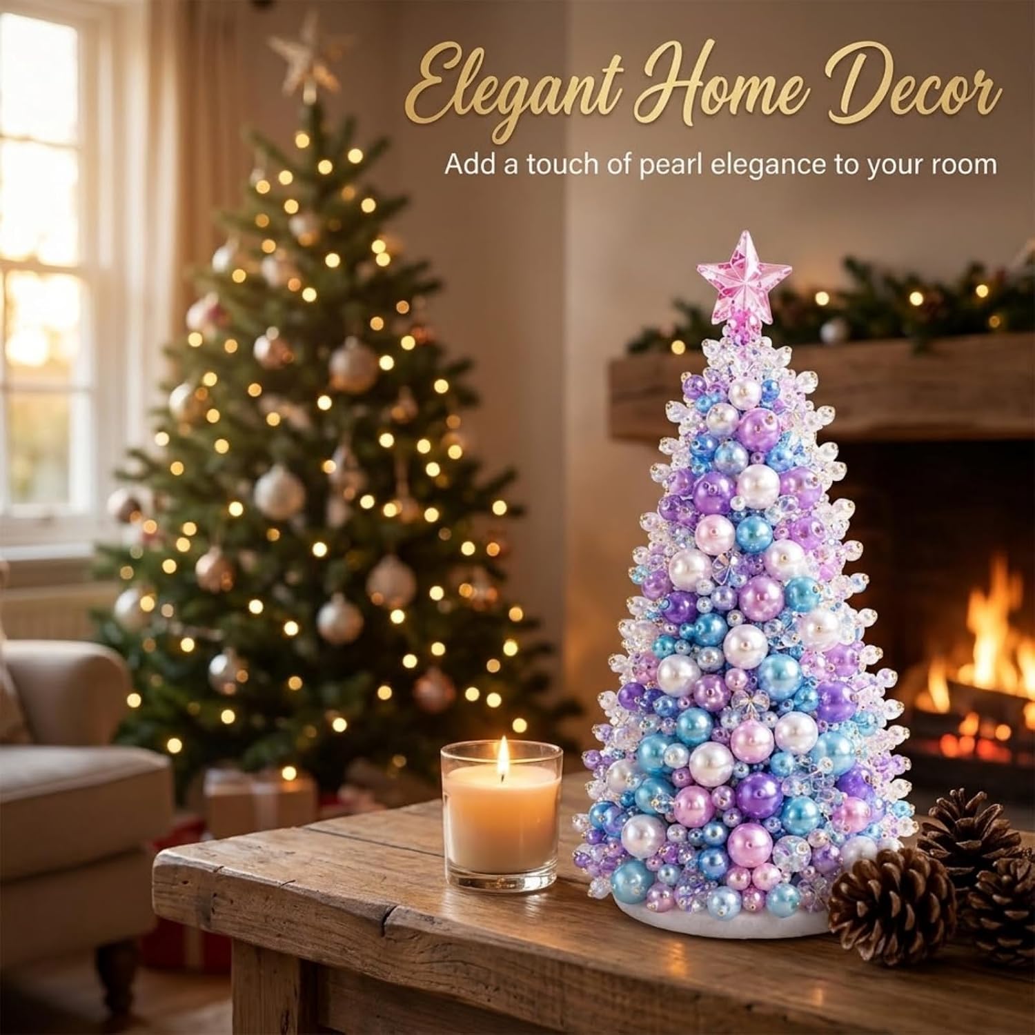 DIY Beaded Christmas Tree Craft Kit, Pearl Bead Tabletop Decor, Purple