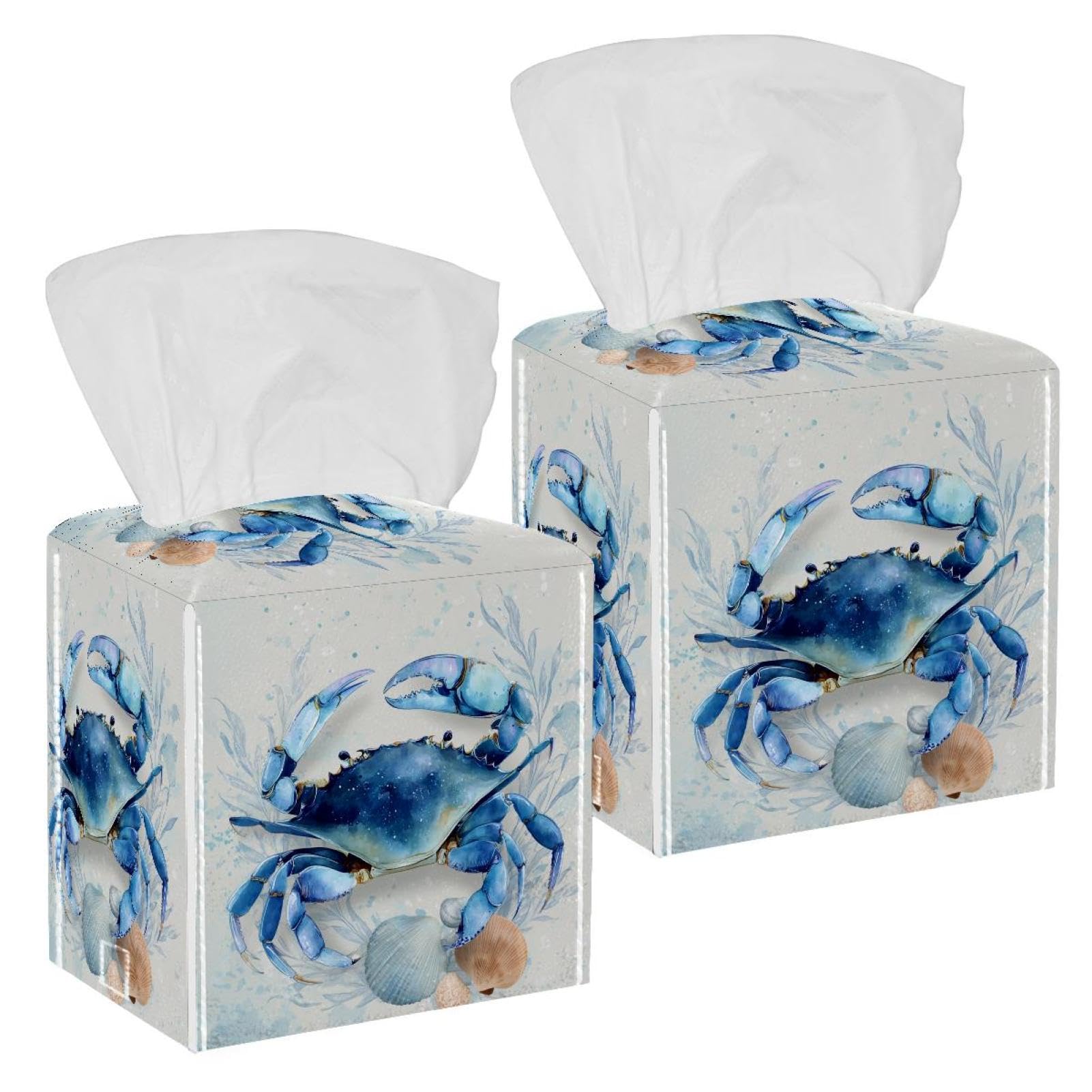 Blue Crab Tissue Box Cover, 2 Pack PU Leather Square Facial Tissue Dispenser Box holder for Home Office Car