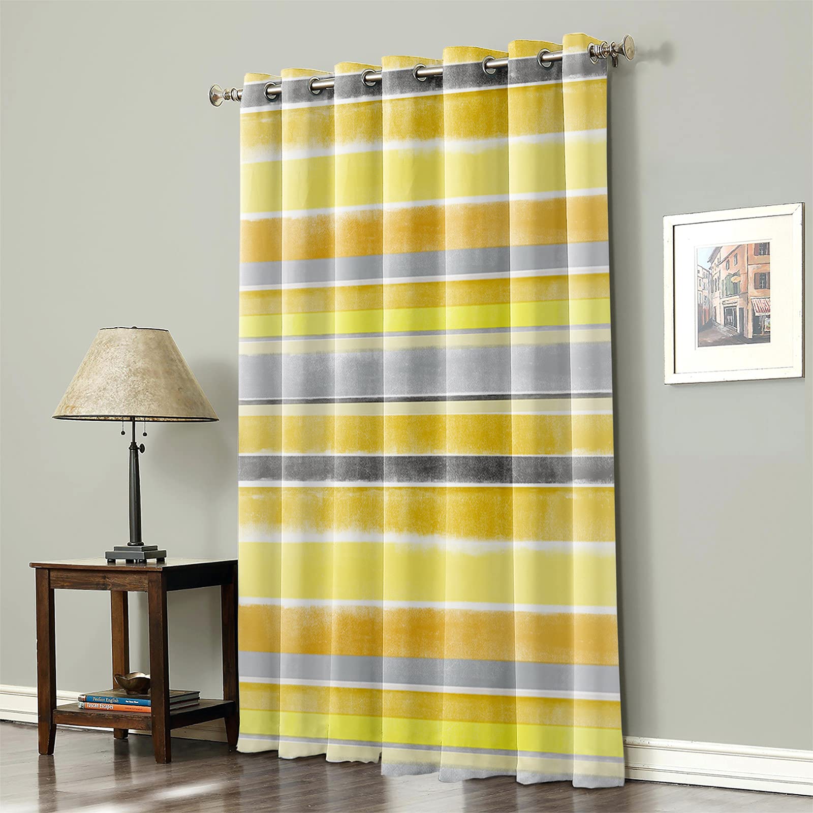 Tende oscuranti per camera da letto, tende oscuranti per il trattamento delle finestre, pannelli isolanti termici, con occhielli e sfumature, motivo a righe, colore: giallo e grigio, 132 x 132 cm