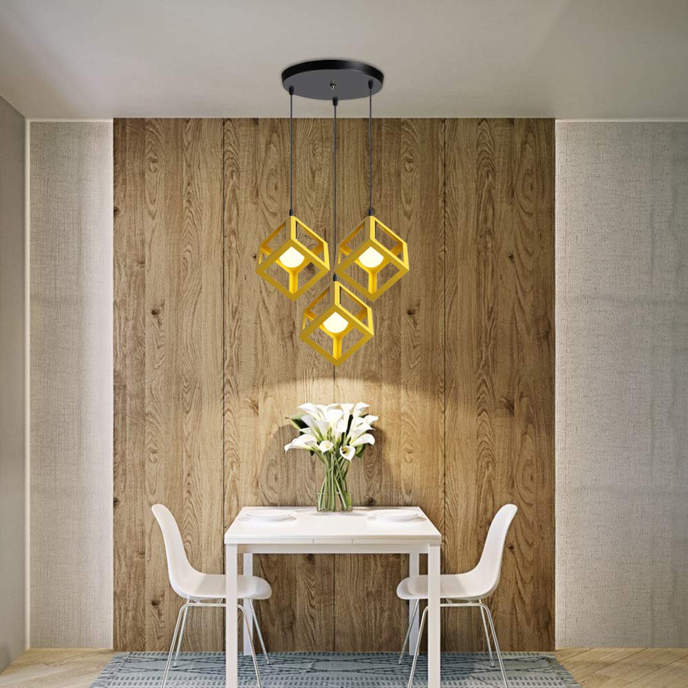 iDEGU 3 Światła Żyrandol Wisiorek Vintage Styl Geometryczny Lampa Wisząca Oprawa w kształcie kostki Metalowa lampa sufitowa do sypialni, salonu, jadalni, kuchni - 16 cm, żółta