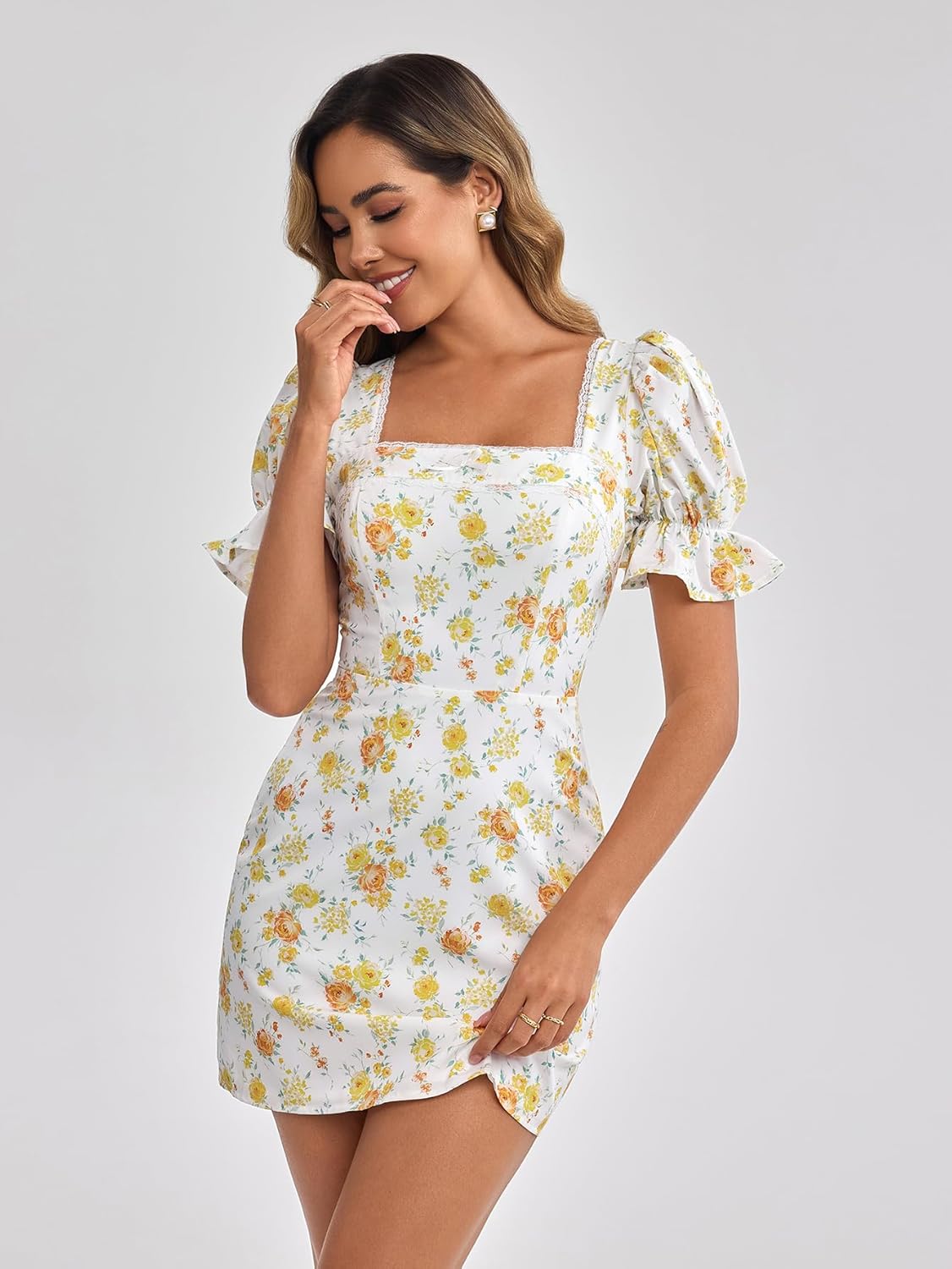 HTZMO Women Floral Puff Short Sleeve Summer Sundress Lace Square Neck Casual Boho Beach Vacation Cute Mini Dresses - Image 6