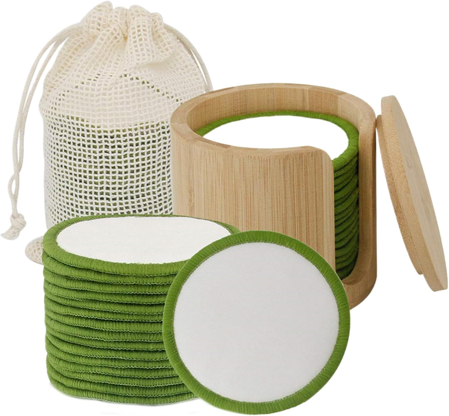 16 Pcs Facial Sponges Bamboo Cotton Soft Gentle Cleansing Round Face Reusable with Laundry Bag & Bamboo Holder Skin Care Washable Absorption Makeup Remover Pads (White)