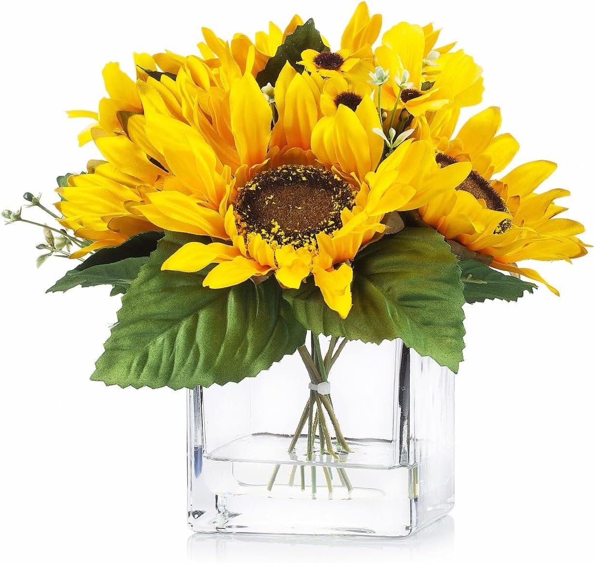 ENOVA HOMEArtificial Silk Sunflower Arrangement in Clear Glass Vase with Faux Water for Home Office Decoration (Yellow)