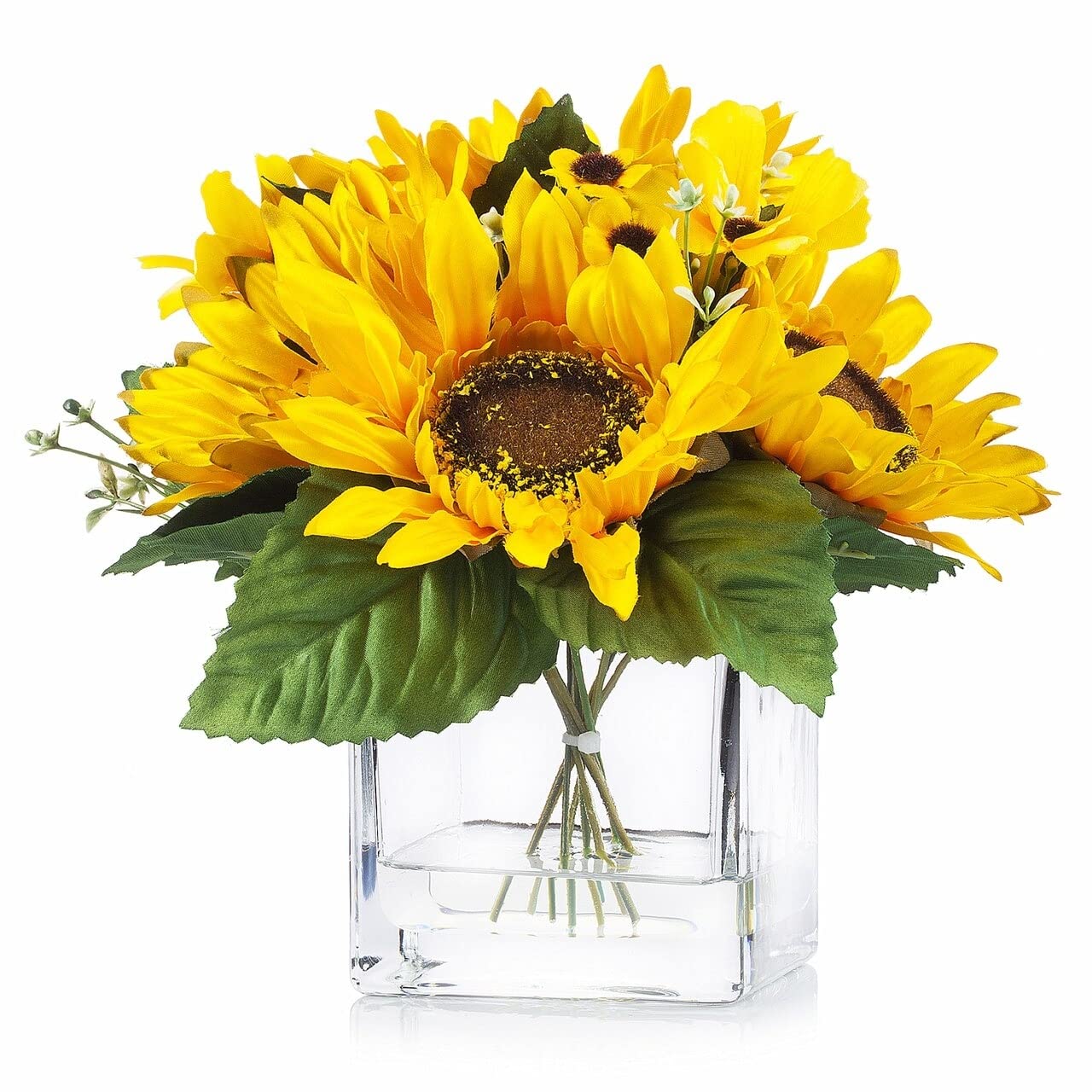 ENOVA HOMEArtificial Silk Sunflower Arrangement in Clear Glass Vase with Faux Water for Home Office Decoration (Yellow)