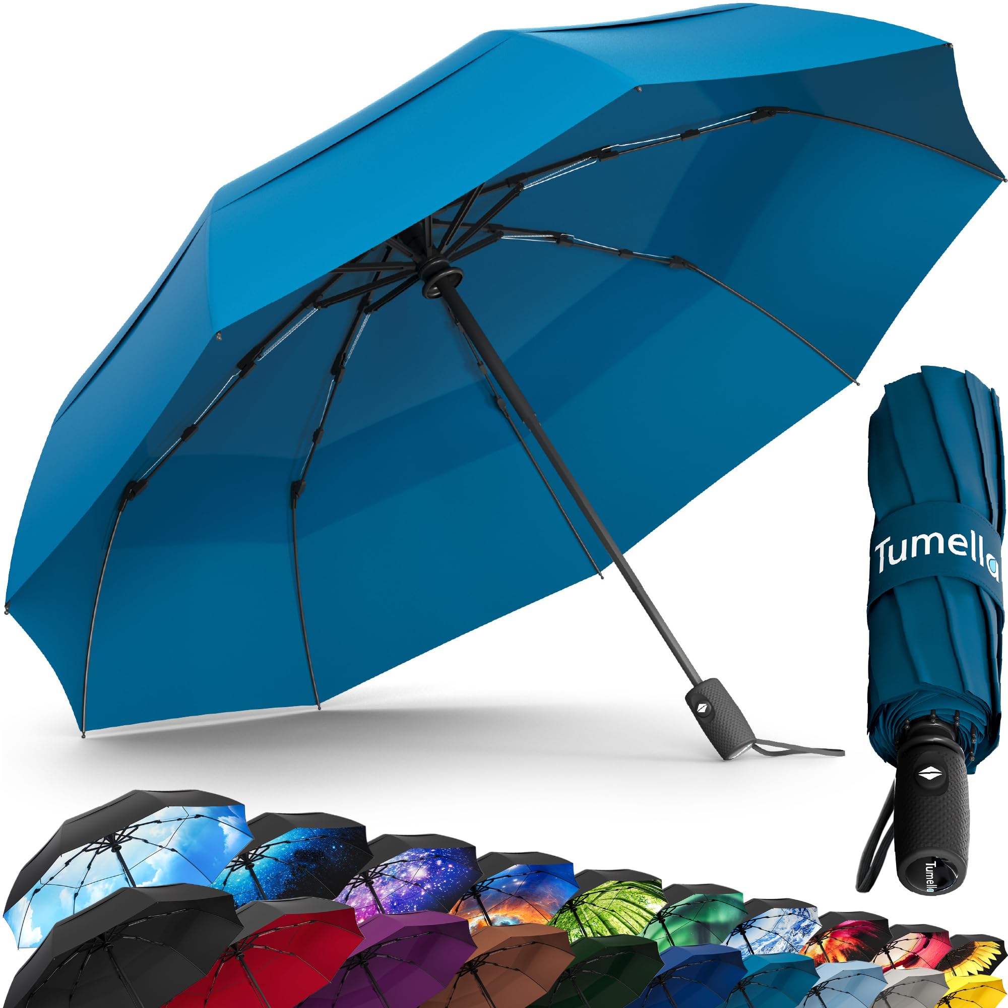 TUMELLAStrongest Windproof Travel Umbrella (Compact, Superior & Beautiful), Small Strong but Light Portable and Automatic Folding Rain Umbrella, Durable Premium Grip, Fits Car & Backpack