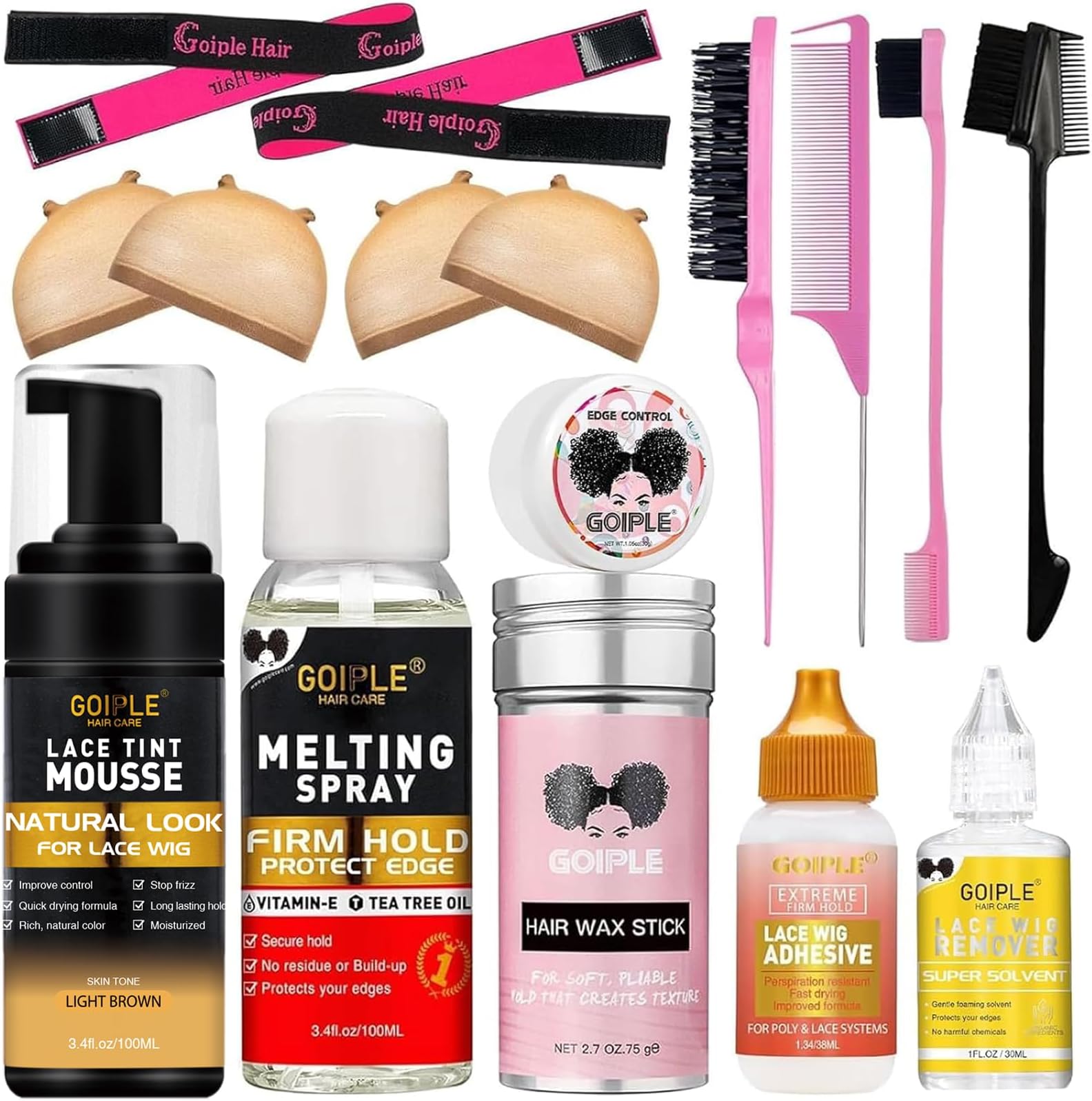 Lace Glue Kit Complete Set with Lace Tint Mousse, Lace Melting Spray Wig Glue for Women's Wigs and Hairpieces - Wig Installation Kit & Tape in Extension Rmover & Cap (Light Brown)