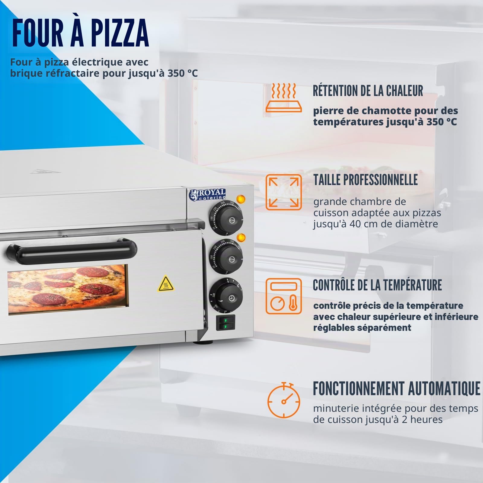 Royal Catering Four à Pizza Electrique 2000W, argile réfractaire, pierre de cuisson, surface de 40x40x1,5cm, fonction minuterie 120 min Facile à Nettoyer, Commercial Domestique, Restaurant Maison
