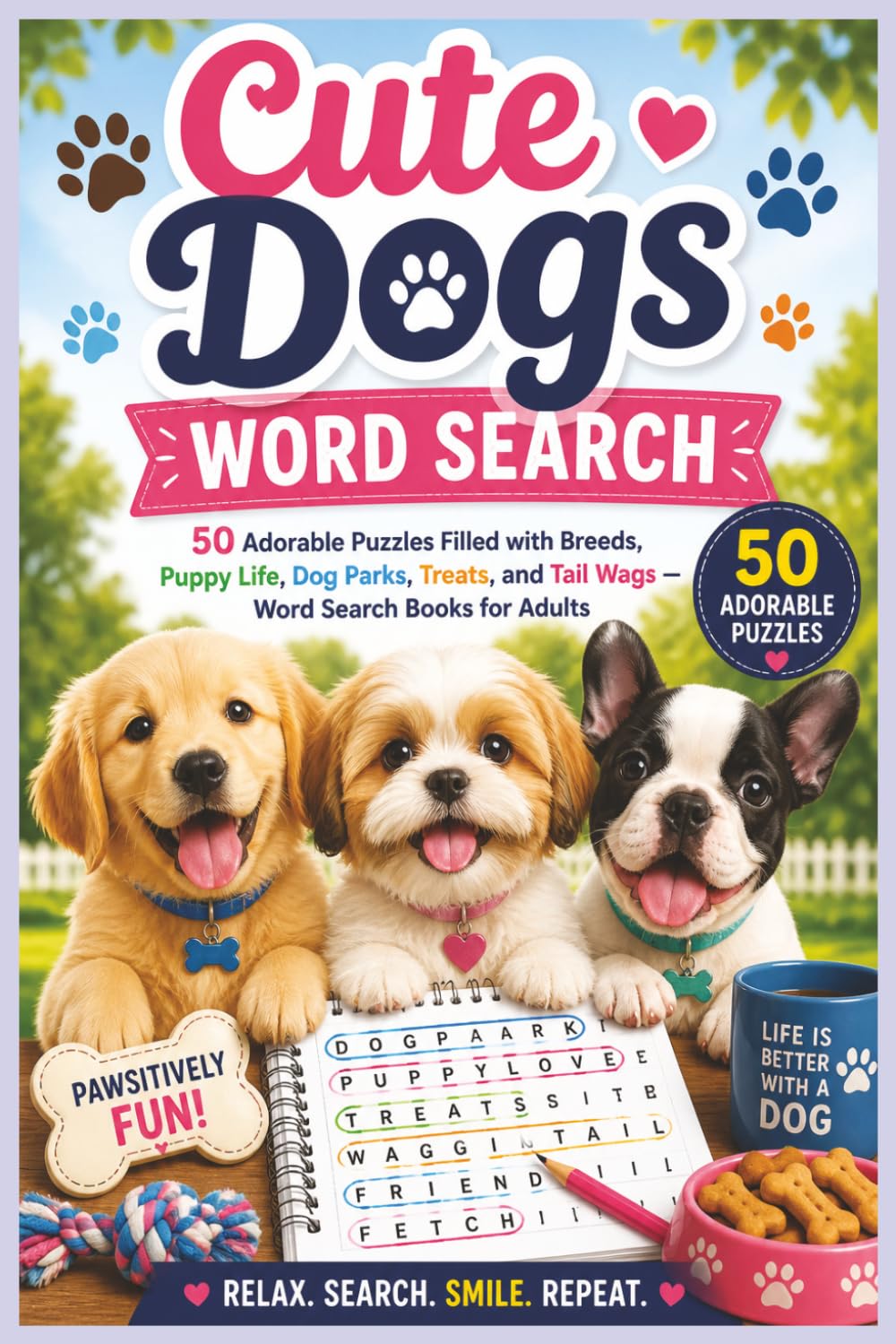 Cute Dogs Word Search: 50 Adorable Puzzles Filled with Breeds, Puppy Life, Dog Parks, Treats, and Tail Wags — Word Search Books for Adults (Word search books collection)
