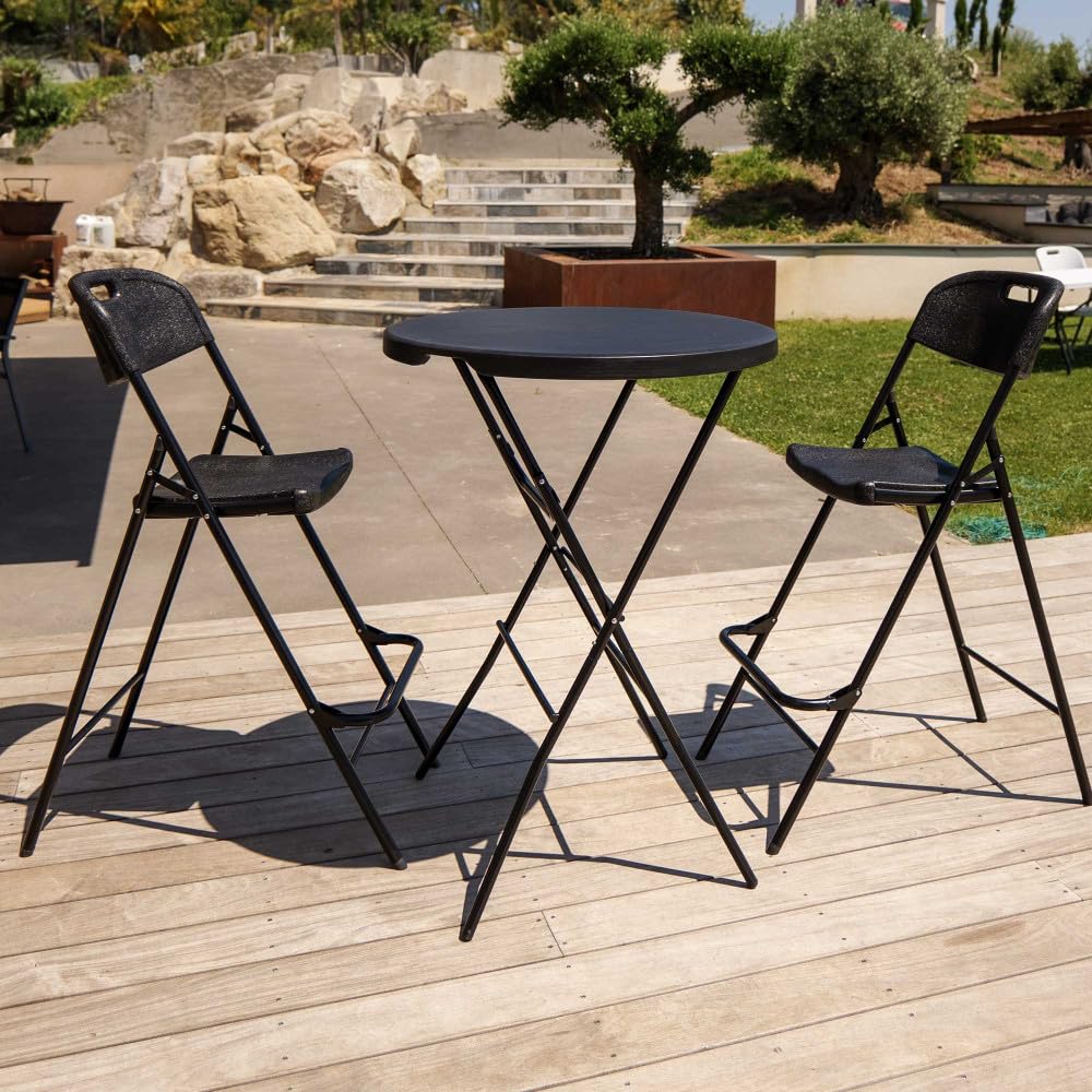 Lot de deux chaises de bar pliantes noires - Ht 120cm - Chaises hautes pliantes - Cadre en acier - avec dossier et repose pied
