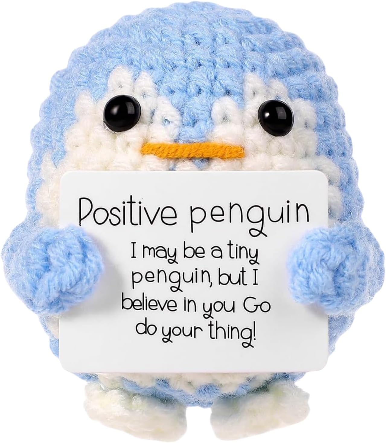 Zibuyu® Handmade Crochet Penguin Desk Decor with Positive Message Card Cute Motivational Crochet Toys Gift for Office Home Baby Nursery, Blue