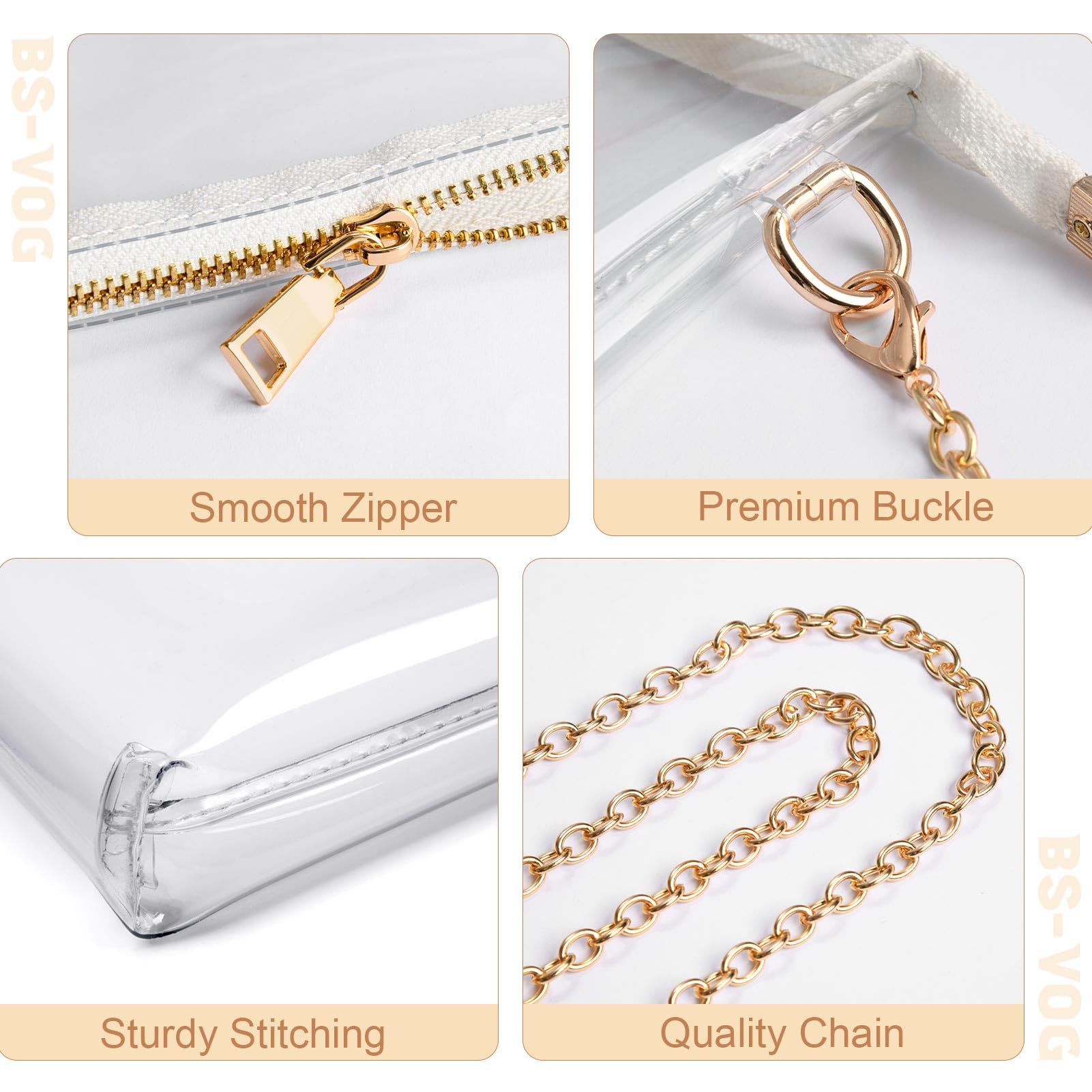 BS-VOG Sac à main transparent pour femme – Petit sac à bandoulière approuvé par les stades avec fermeture éclair, sac de stade transparent pour concerts, sports