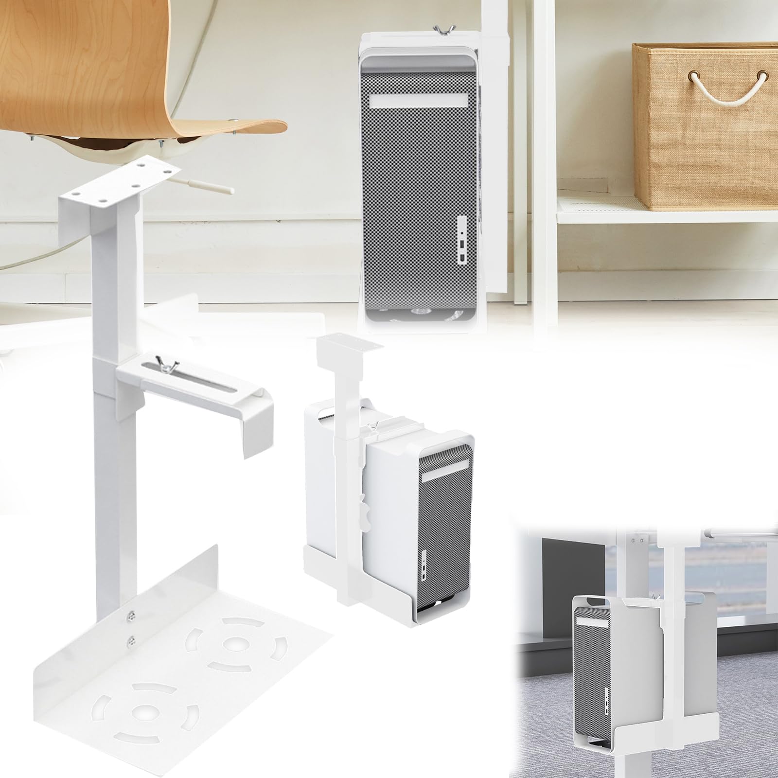 Soporte para Pc Debajo del Escritorio, Soporte para Torre De Pc Soportes para Computadora Colgante Ahorro De Espacio Altura Y Ancho Ajustables Blanco