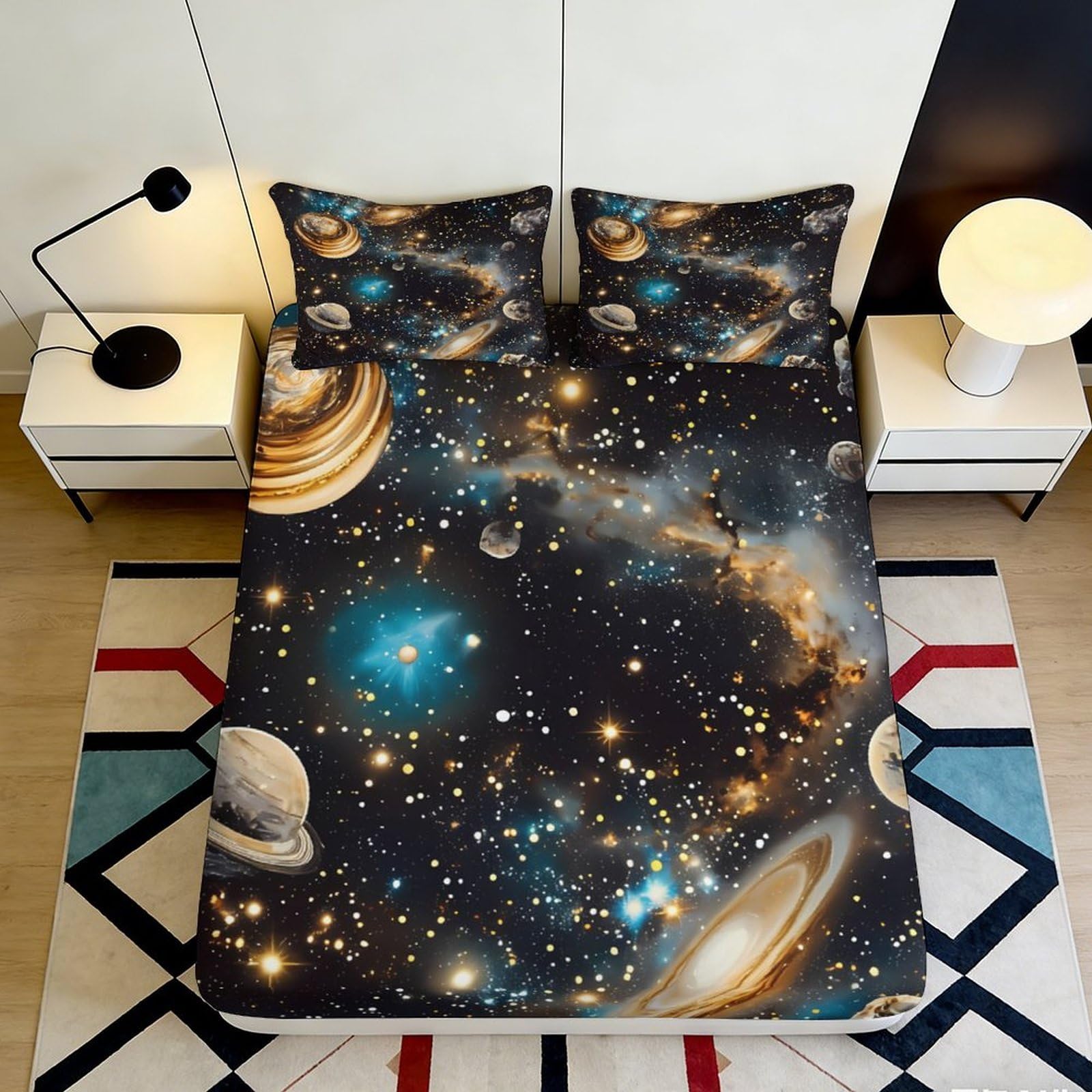 3D Printed Galaxy Starry Sky Fitted Sheet Microfiber Soft Breathable Cosmic Nebula Mattress Cover for Bedroom Dormitory Guest Room Mattress Protection 90x200x25cm