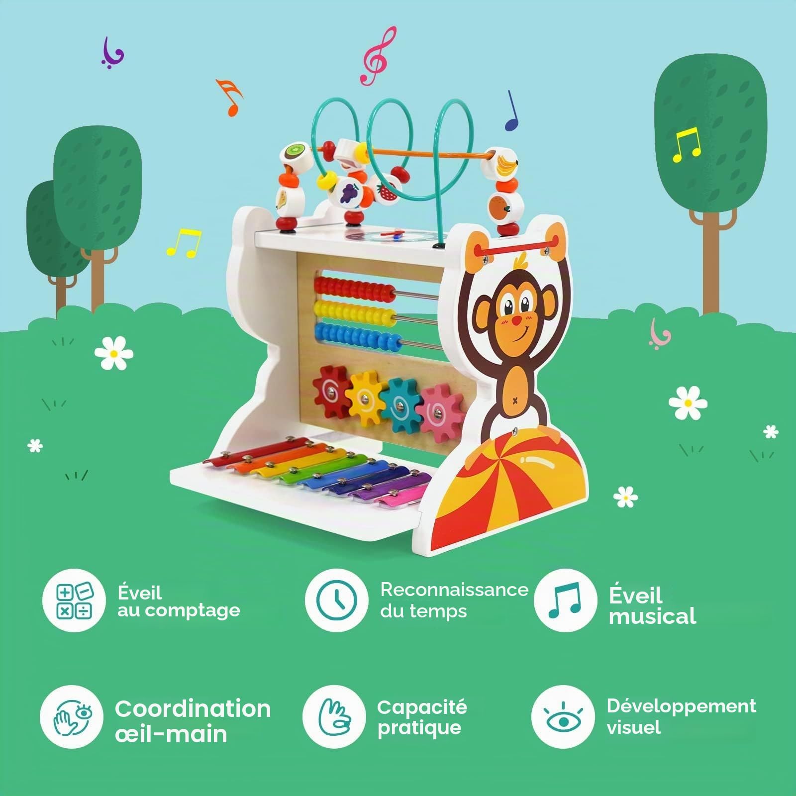Cube d’Activités en Bois 5-en-1, Labyrinthe de Perles, Engrenanges, Horloge, Montessori bébé Jouet Cadeau pour Enfants de 3 Ans+