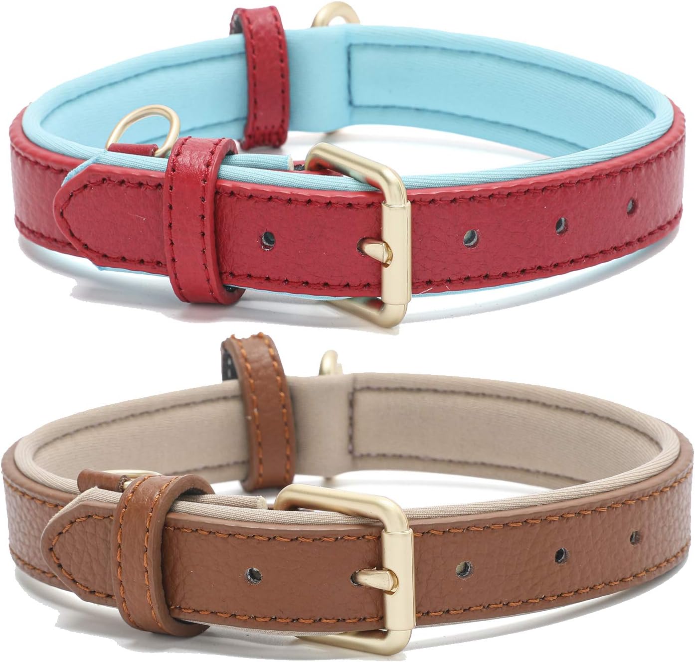 2 Pack Leather Dog Collar for Small Medium Large Dogs Classic Soft Padded Breathable Waterproof Collars Red Brown Small