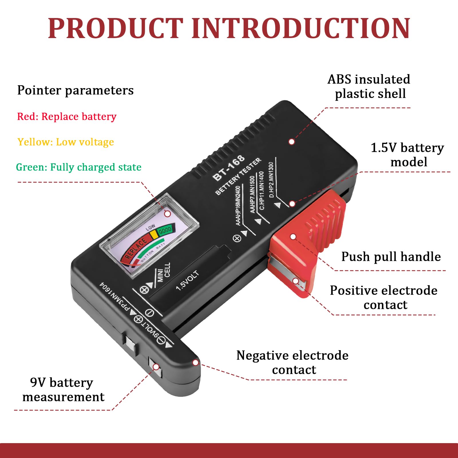 Testeur de Piles Universel, Testeur de Numérique Pointeur Piles pour AA AAA C D 9V 1.5V Batterie Bouton Vcontrôleur de Tension de Batterie Fonctionne Sans Pile Précis et Portable (Modèle: BT-168)