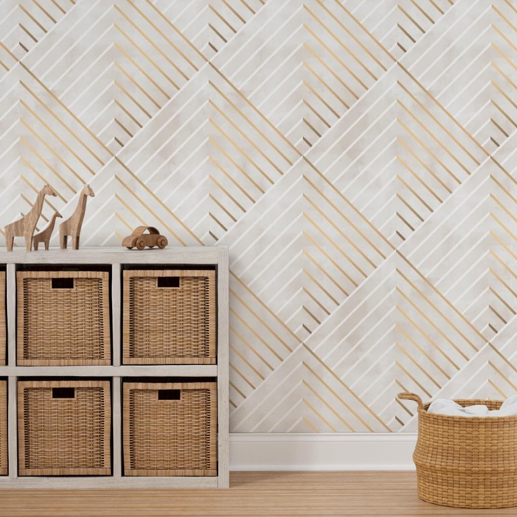 Removable Wallpaper 3ft x 2ft - Pink Marble Art Deco Lines White Diamonds Chic Gold Geometric Custom Pre-Pasted Wallpaper by Spoonflower