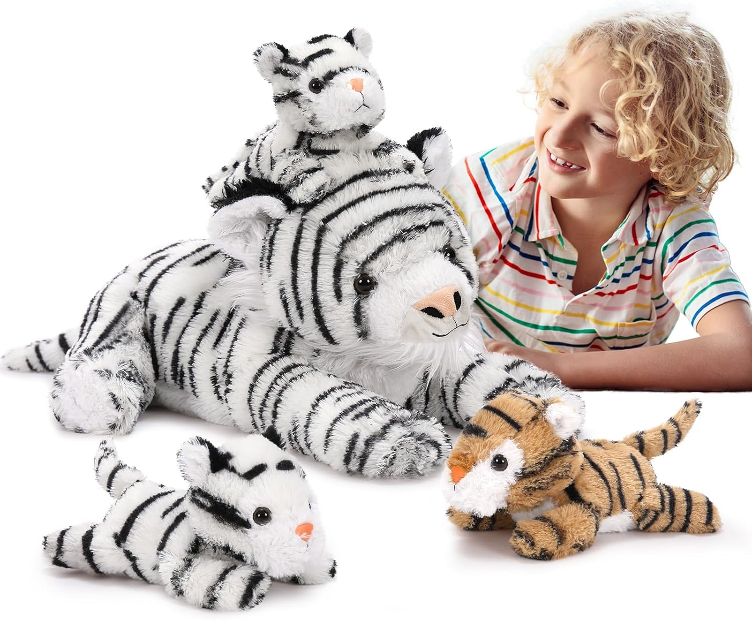 MaoGoLan White Tiger Stuffed Animal with 3 Babies, 17.7 Inch Mommy Tiger Plush Set, Soft Stuffed Tiger Family Toys for Cuddling & Decor, Christmas Birthday Gifts for Kids Boys Girls