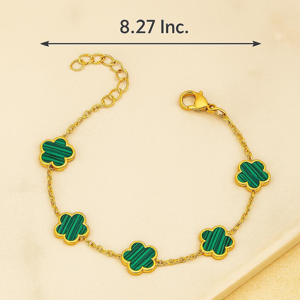 Ora & Eve 18K Gold Clover Bracelet for Women – Green Enamel Lucky Charm Link Chain, Waterproof & Tarnish-Free Adjustable Dainty Jewelry Gift