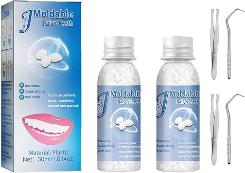 Tooth Repair Kits,2Pcs 30ml Dental Repair Denture Repair Beads,Tweezers,Dental Pick,4Pcs Dental Tools for Filling Missing Broken Tooth Moldable Fake Teeth2+4Pack
