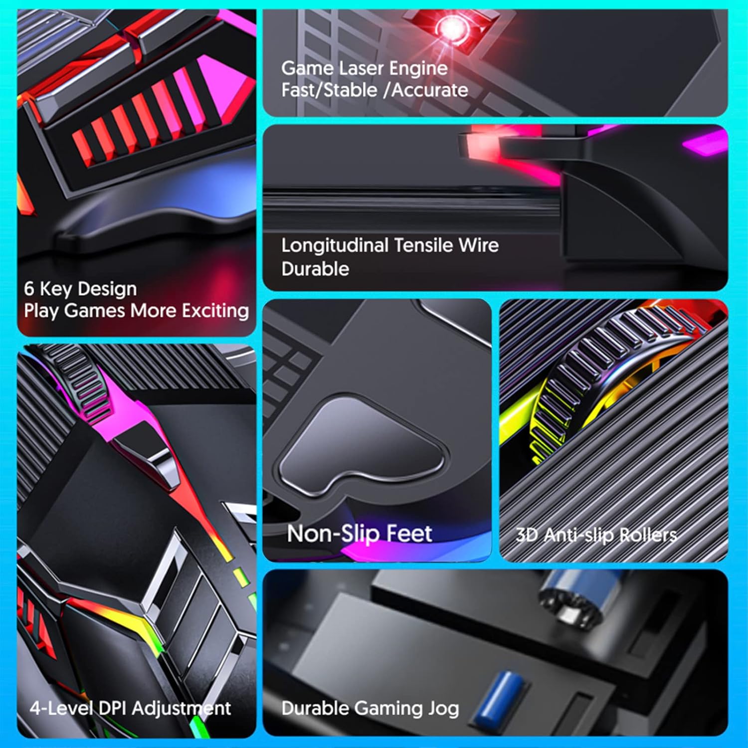 Gaming Mouse Wired - PC Gaming Mice 6D Game Key RGB LED 𝑴𝑴𝑶 Gaming Mouse with Side Buttons Luminous Game E-Sports Mechanical Mute for PC Tablet Desktop Computer Laptop,Black