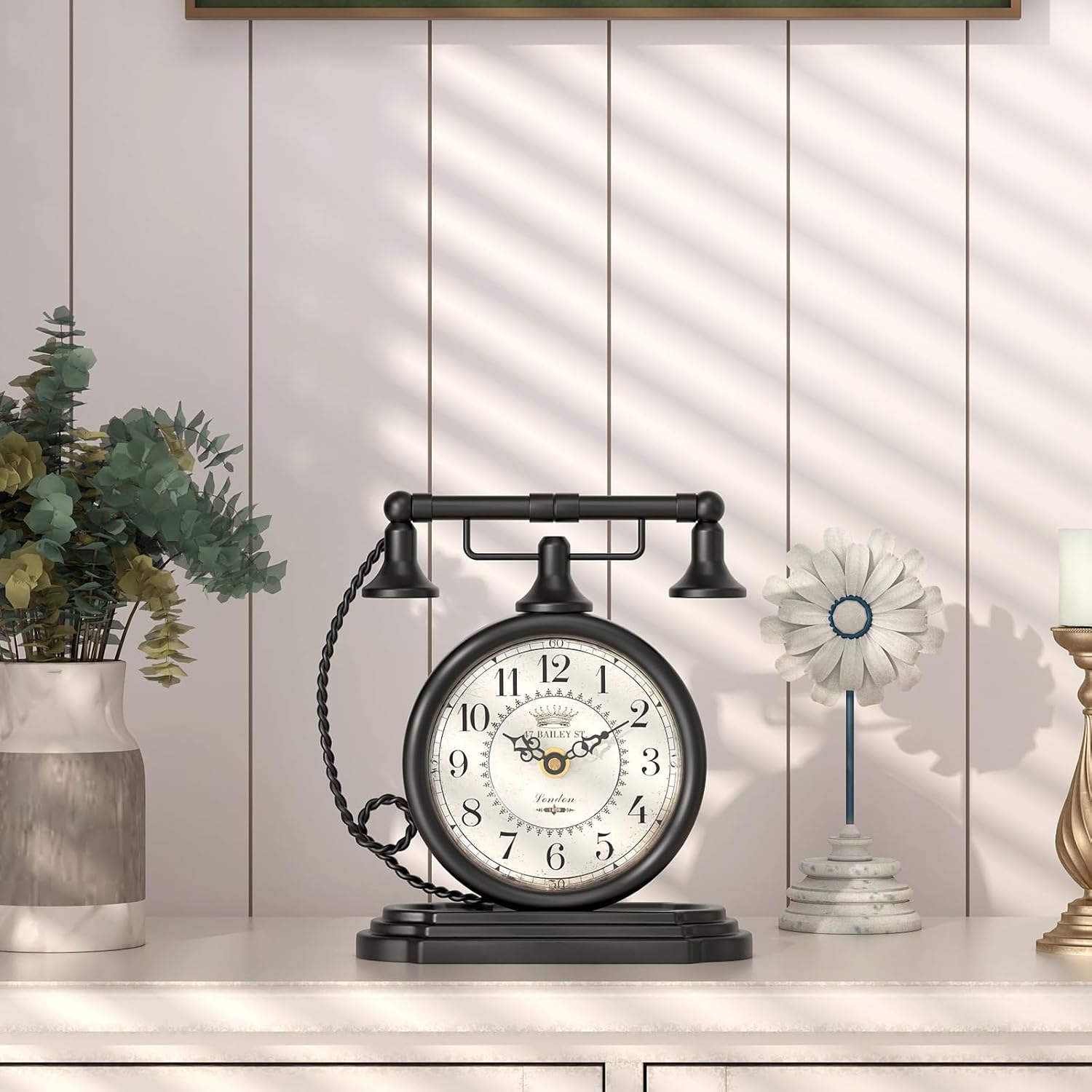 Black Vintage Table Clock, Antique Telephone Style Mantel Clocks, Desk and Shelf Decor Clock, for Living Room, Farmhouse, Bedside, Bedroom, Gift (7.3" H x 7.3" W)