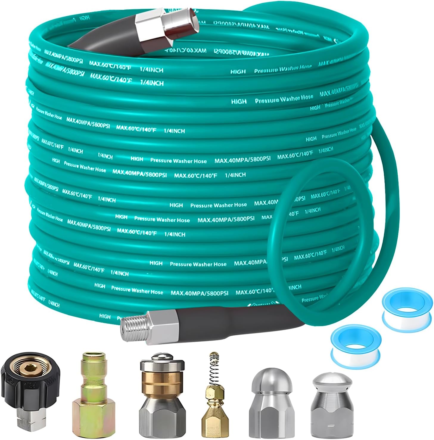 Selkie Pressure Washer Sewer Jetter Kit - 50Ft X1/4" Hydro Drain Jetter Cleaner Hose, Corner, Rotating and Button Nose Sewer Jetting Nozzle Waterproof Tape,Orifice 4.0 4.5,1/4 Inch NPT,5800 PSI