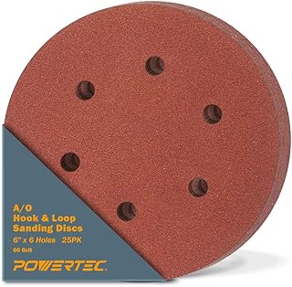 POWERTEC 45206, 60 Grit, 6 Inch 6 Hole Hook and Loop Sanding Discs, Sandpaper for Random Orbital Sander, Air Sander, Pneumatic Sander, Dual Action Sander, 25PK