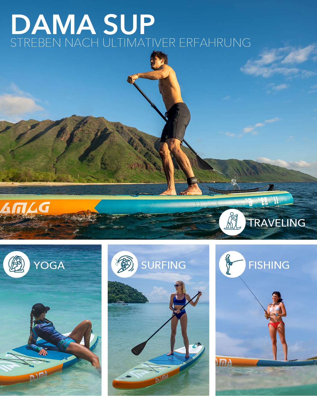 DAMA Stand Up PaddleBoarding Yoga PaddleBoard, nadmuchiwane deski do wiosłowania dla dorosłych, nadmuchiwane deski do wiosłowania dla dorosłych, SUP SUP z siedzeniem kamery, pływające wiosło kajakowe,