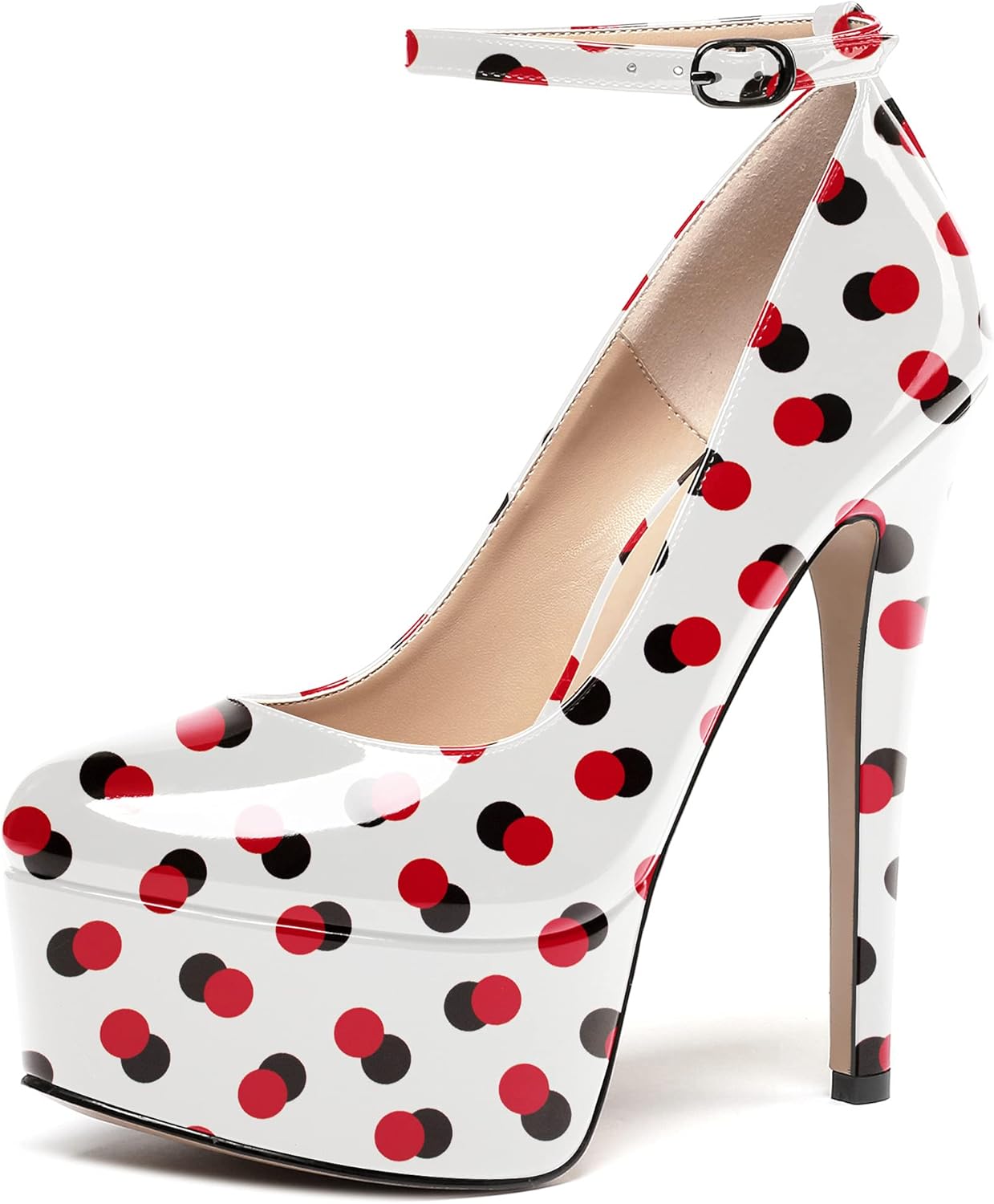 WAYDERNS Women's Round Toe Patent Platform Ankle Strap Stiletto Super High Heel Pumps Shoes 6 Inch