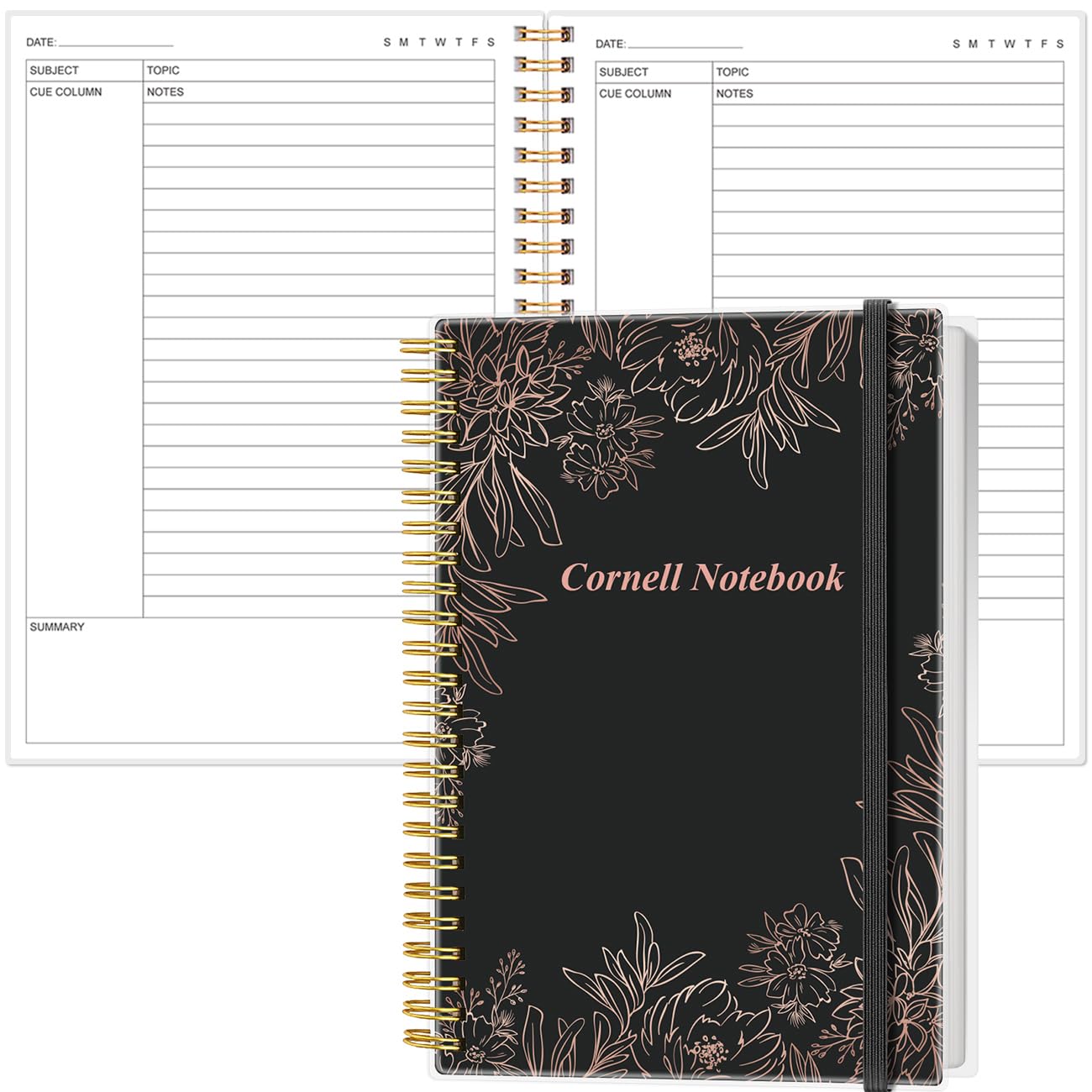 Yaridar A5 Cornell Notes Notebook - College Spiral Cornell Notebooks for Note Taking, Subject College Ruled Steno Pads for Office/School/Home, 5.8" x 8.5", Black Flower — image 1