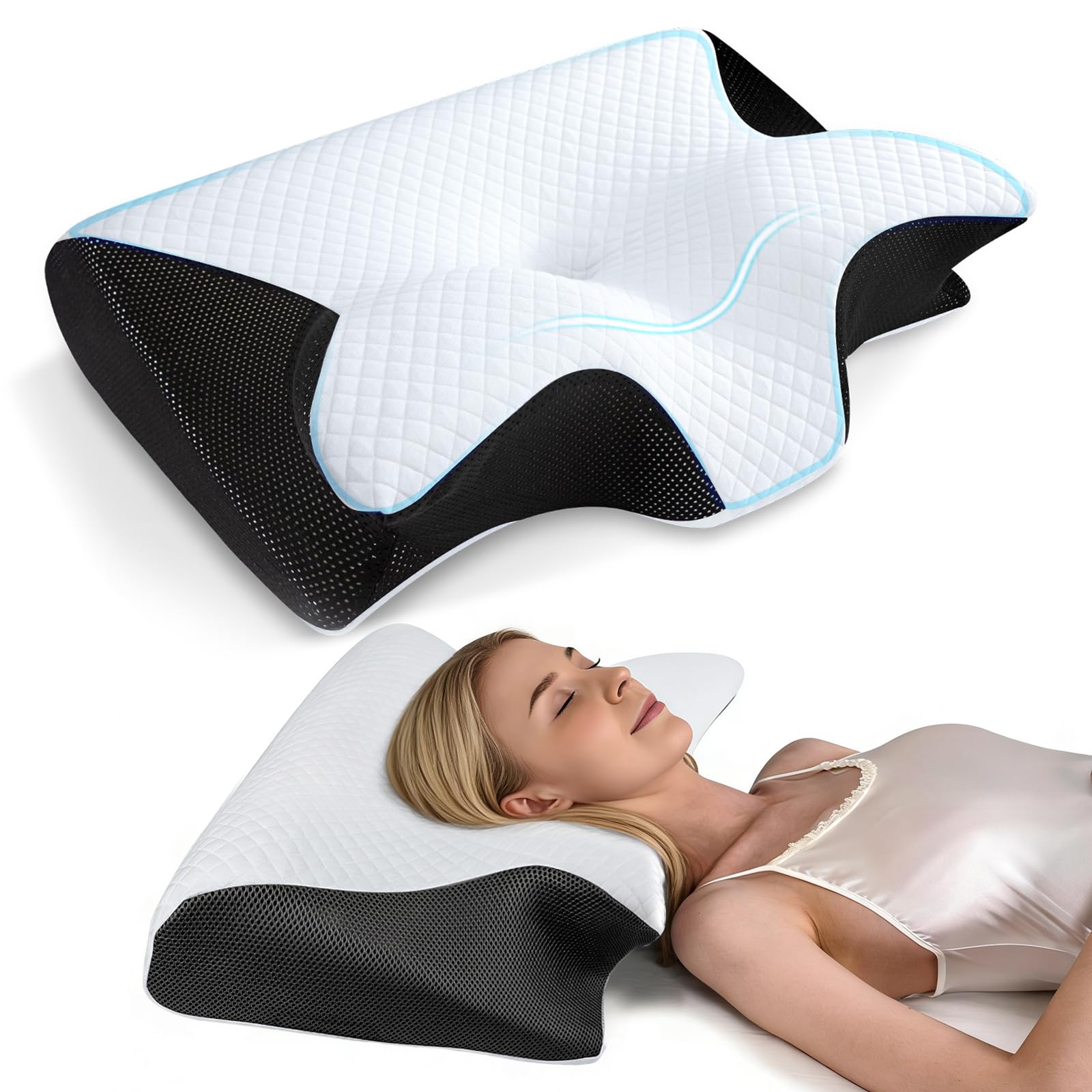 Memory Foam Pillow, Ergonomic Contour Pillow for Neck Tension, Cervical Neck Pillow for Side, Back and Stomach Sleepers with Removable Breathable Pillowcase