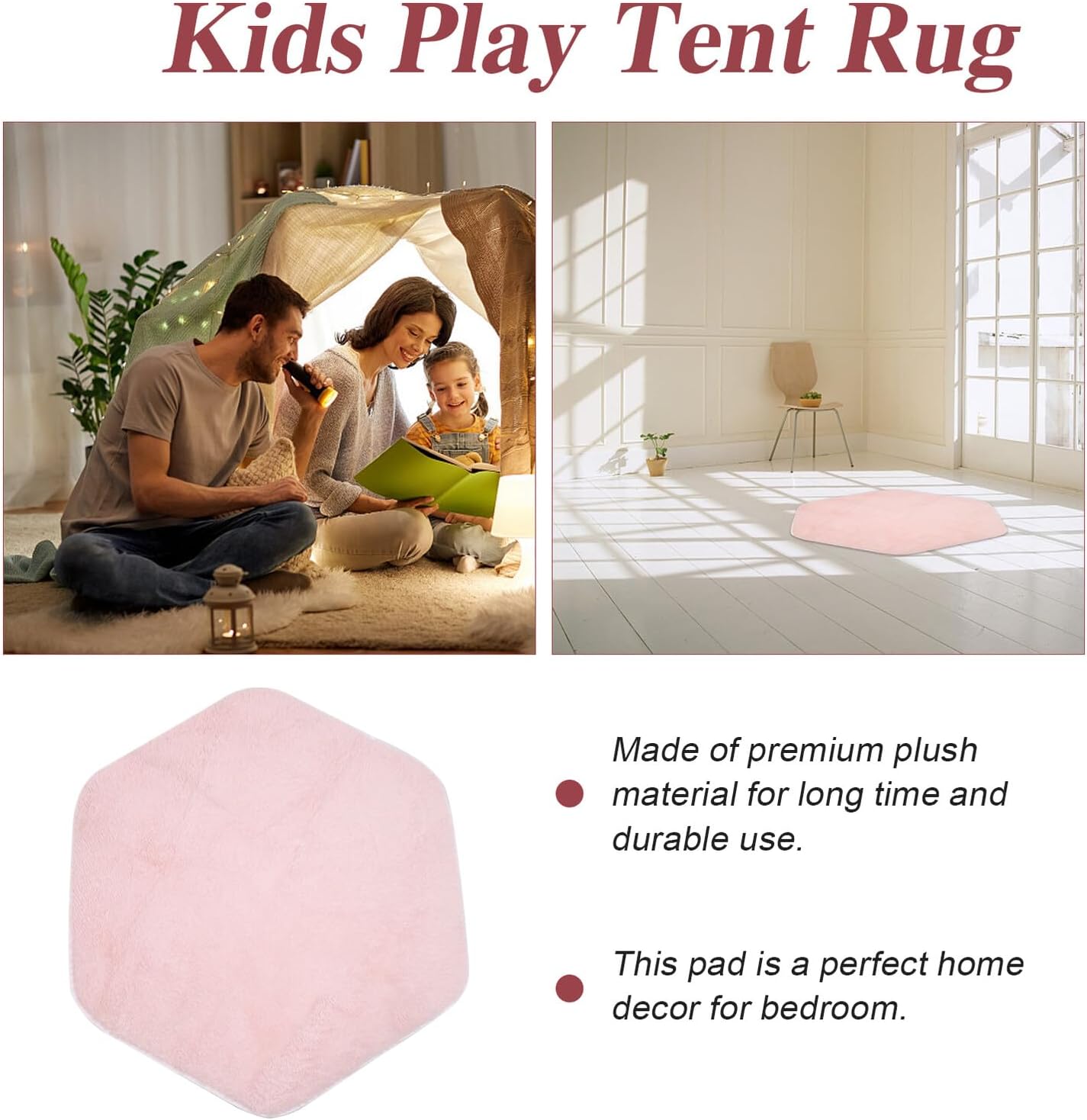 Gadpiparty Hexagon Play Tent Mat Plush Pink Rug Non-Toxic Soft Cushion for Indoor Playhouse Nursery Crawling and Living Multipurpose Floor Pad
