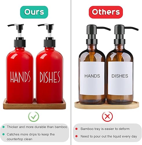 Miniatura 7 de ALELION Dispensador de Jabón para Platos Rojo para Cocina - Juego de Dispensador de Jabón de Manos de Vidrio de 16 OZ con Bomba y Bandeja de Madera
