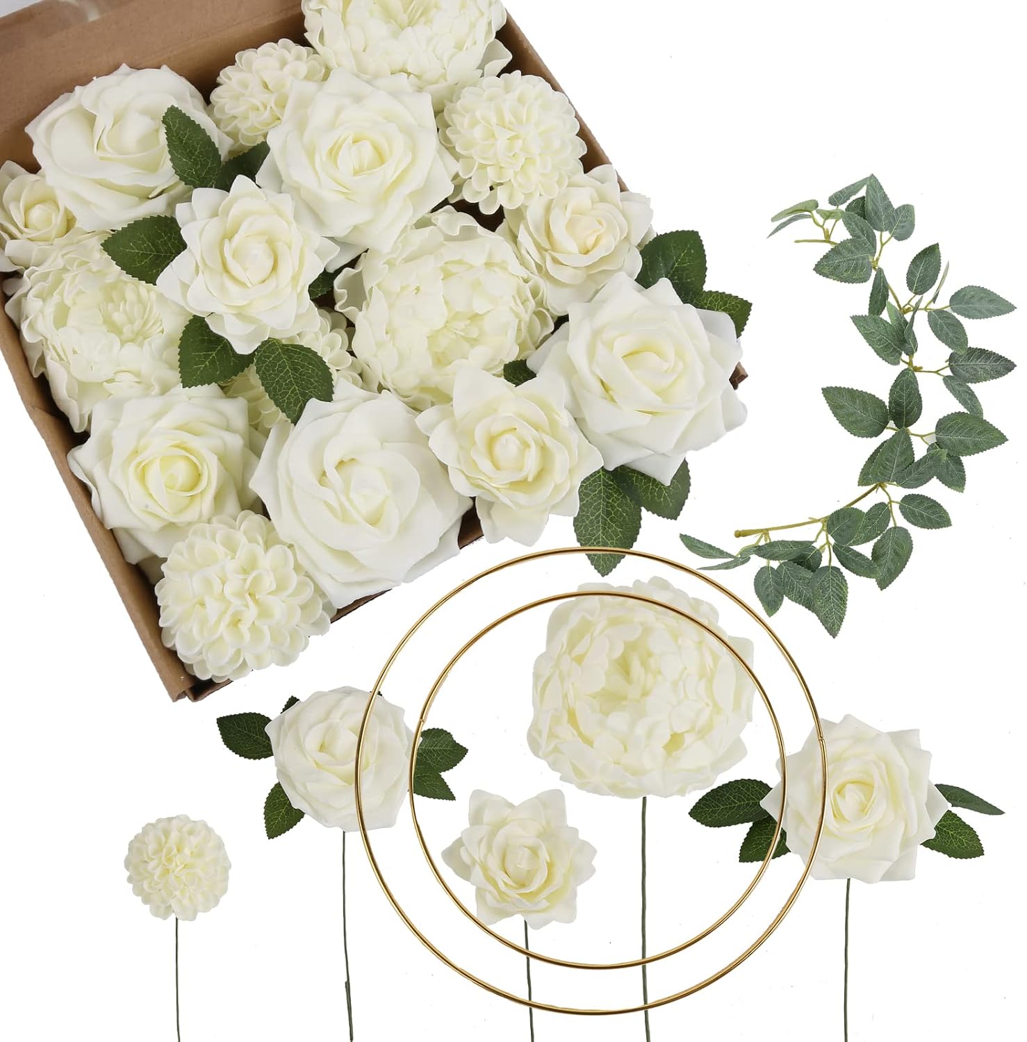 IPOPU Ivory Flowers Foam Roses Bulk Combo Dahlia Artificial