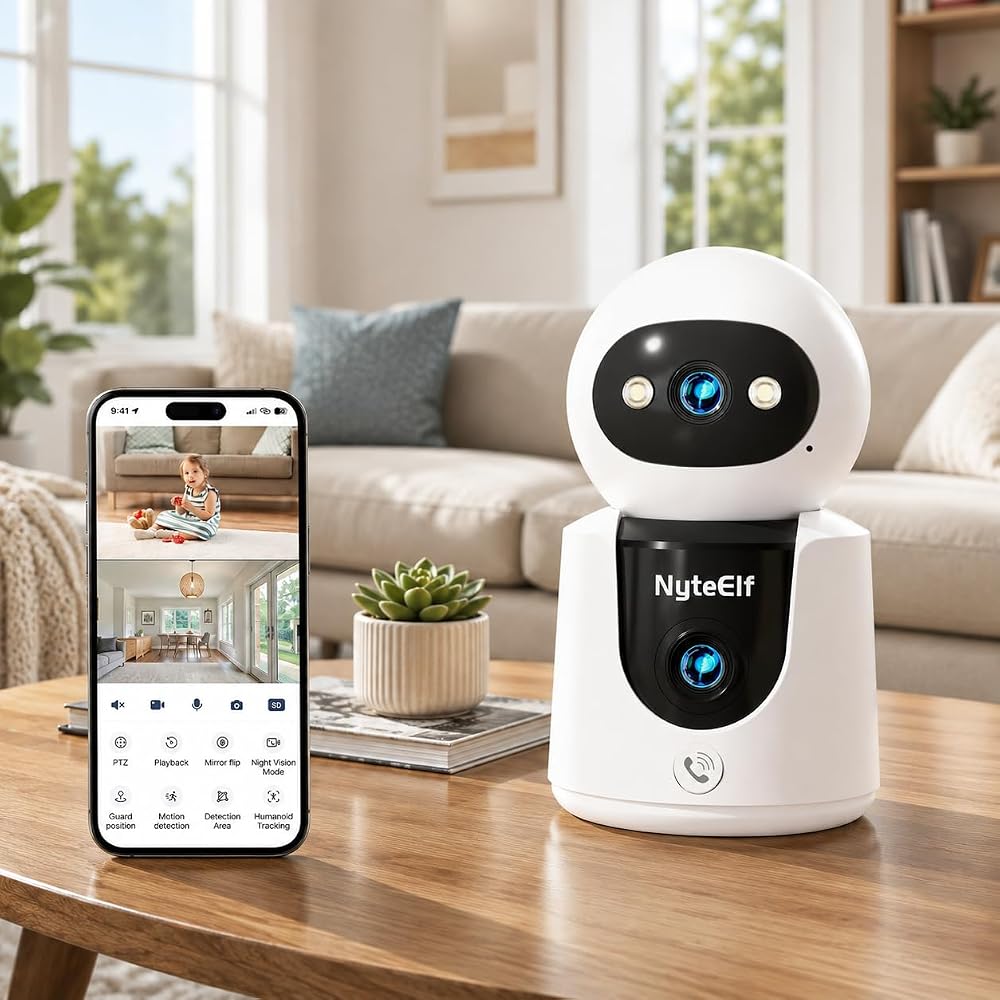 2K Dual Lens Indoor Security Camera, Dual View Pan/Tilt Camera for Baby & Pet Monitoring, AI Motion Tracking, Privacy Mode, Two-Way Talk, Cry Detection, Color Night Vision, 24/7 Continuous Recording