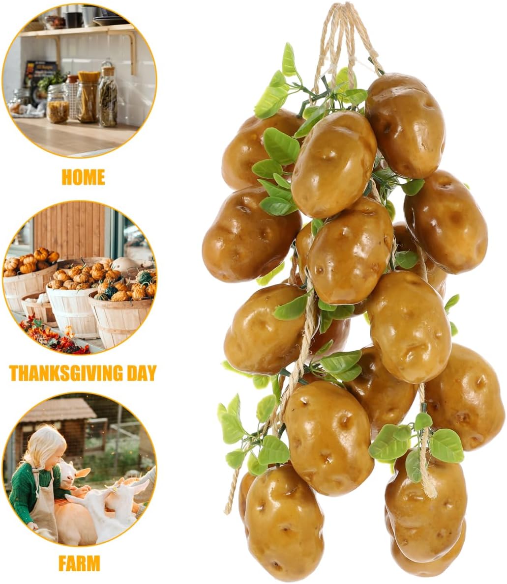 VALICLUD 4Pcs Artificial Potato Strings Lifelike Fake Potatoes Hanging Garland Farmhouse Kitchen Wall Ornament Vegetable Photo Props Thanksgiving Harvest Day Decor 17.71 X 3.54 X 2.55 in