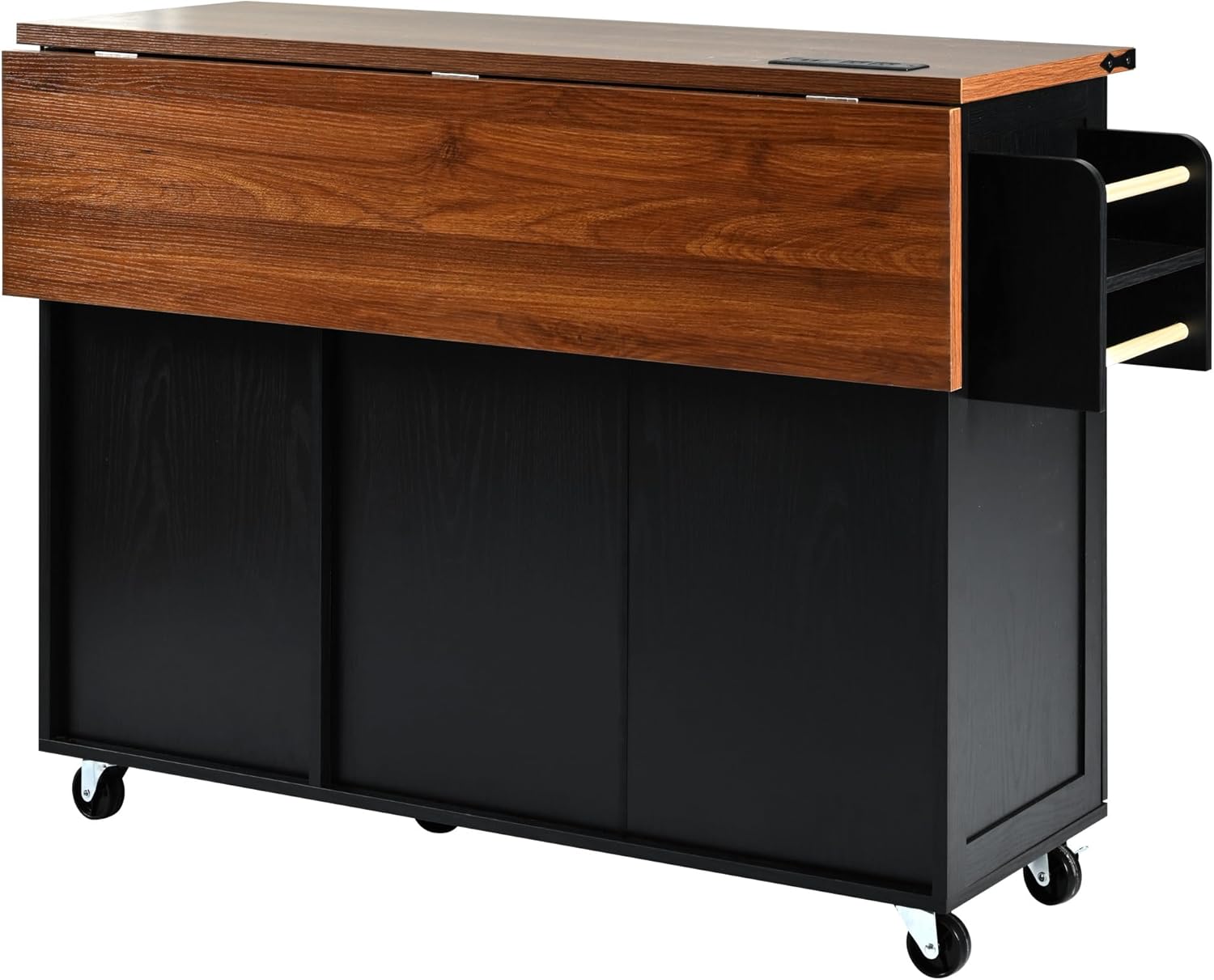 Bellemave 54.5" Farmhouse Kitchen Island cart with Charging Station, Rolling Kitchen Island Table with Drop-Leaf, 3 Drawers, Large, Black